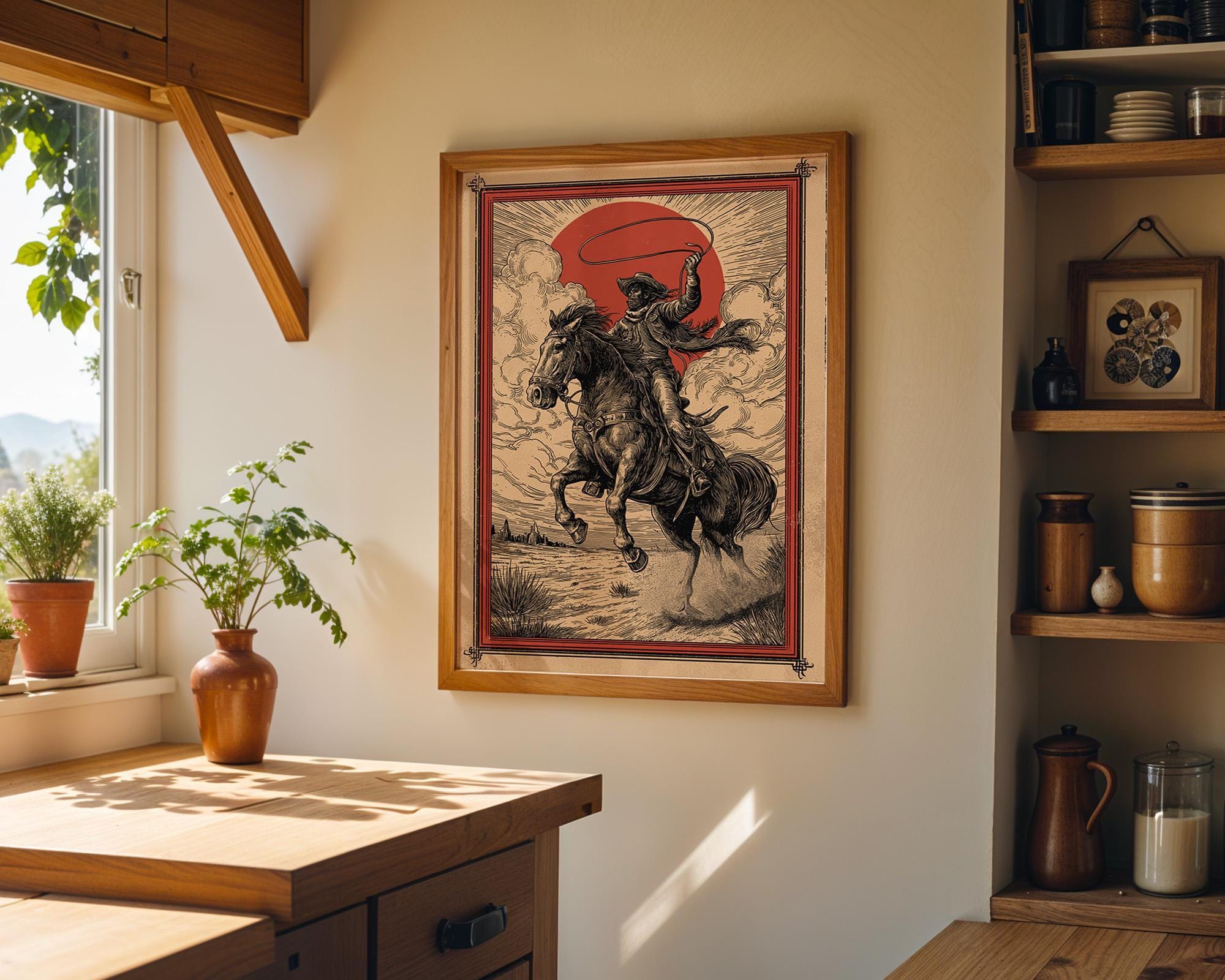 Western Cowboy Lasso Rider Wild West Horse Desert Sunset Wall Art by The Wall Art Studio - physical