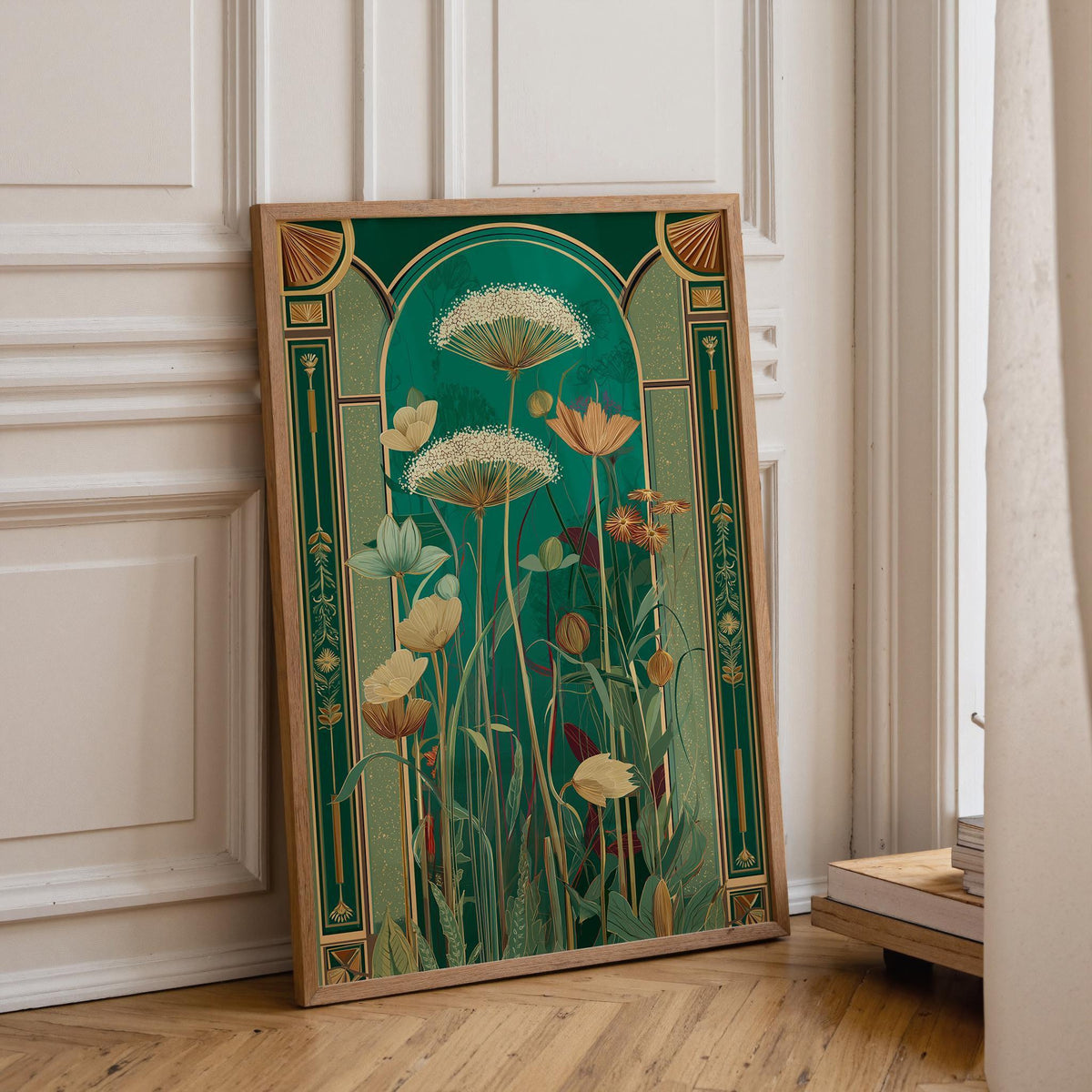 Art Nouveau Floral Green and Gold Vintage Flower Wall Art by The Wall Art Studio