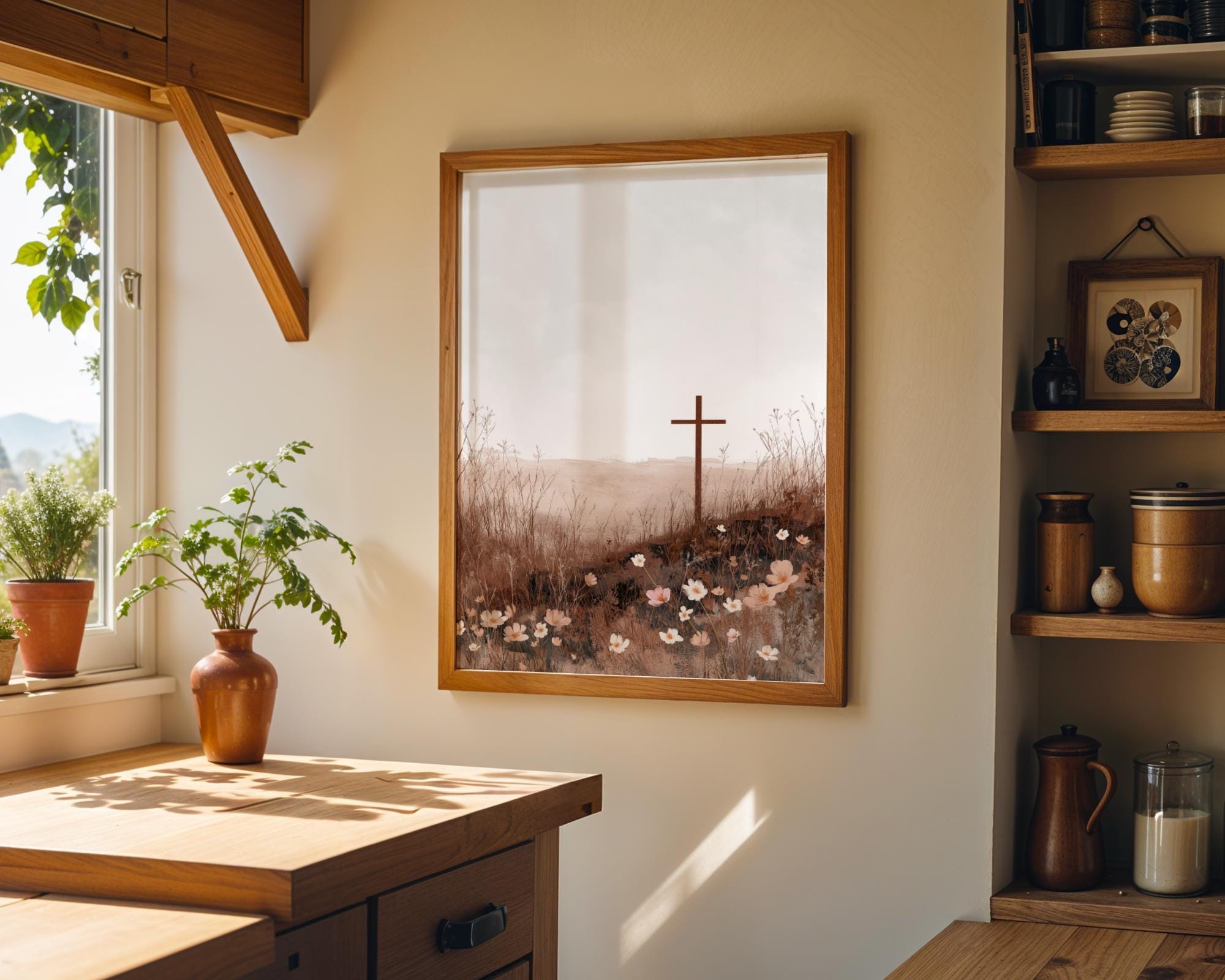Christian Cross Landscape Neutral Faith Wall Art by The Wall Art Studio