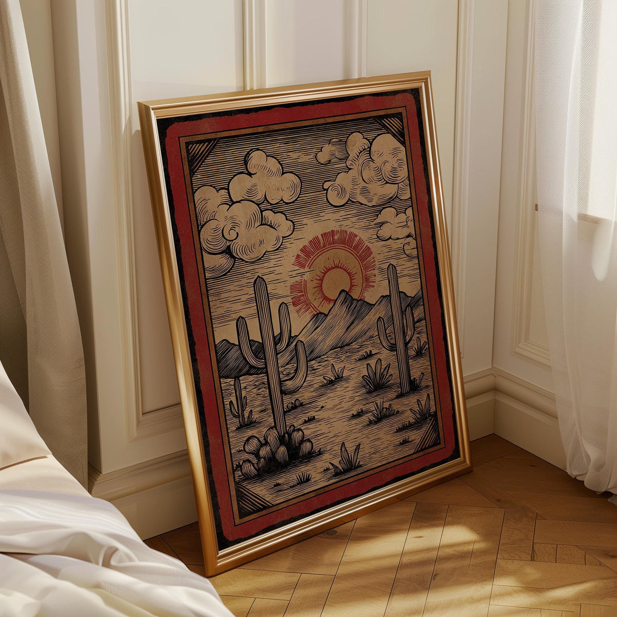 Western Desert Sunset Vintage Cactus Landscape Mountain Wall Art