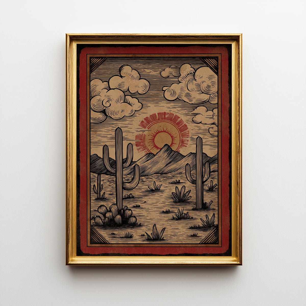 Western Desert Sunset Vintage Cactus Landscape Mountain Wall Art