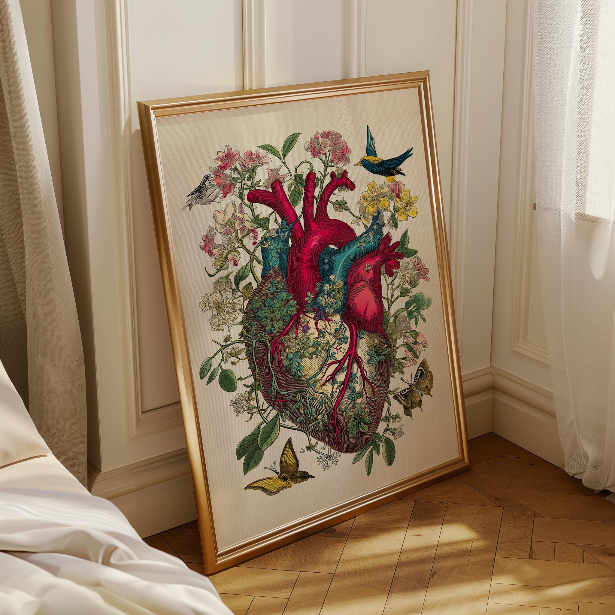 Red Anatomical Heart Vintage Botanical Floral Dark Academia Wall Art