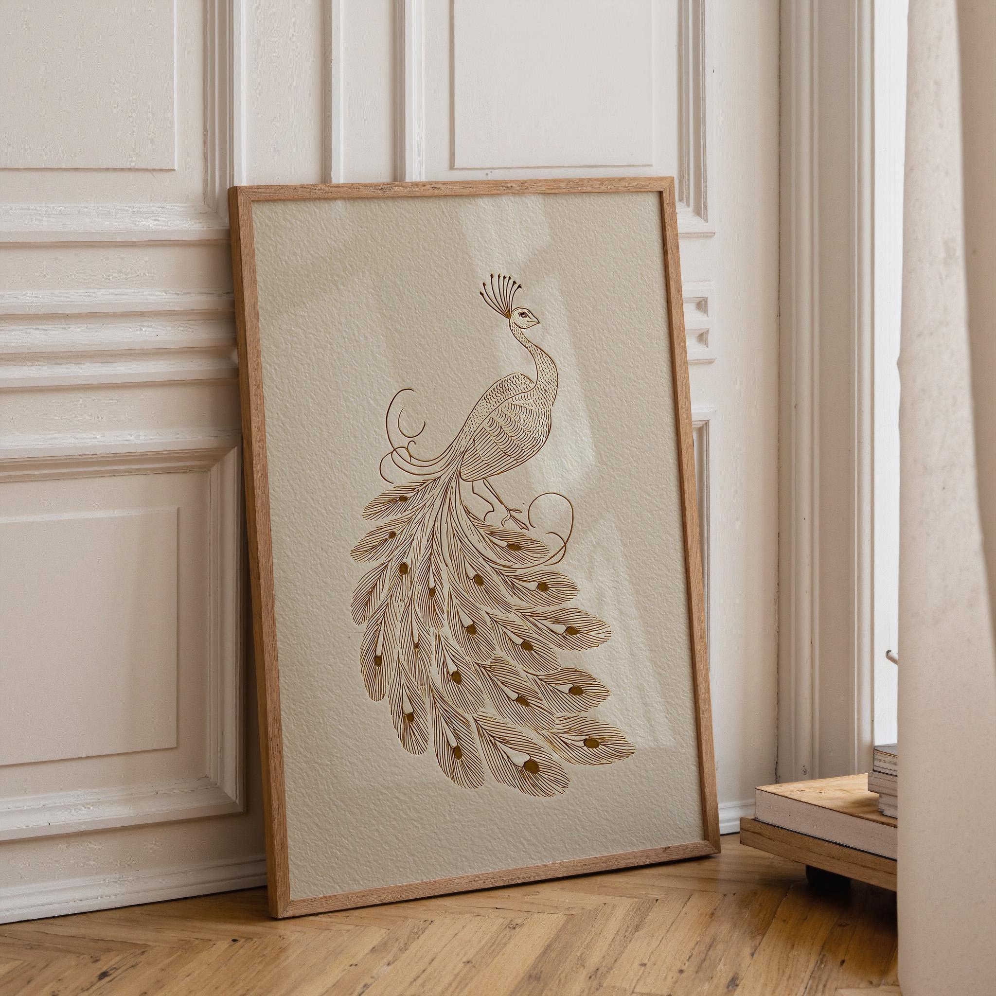Minimalist Peacock Line Art Elegant Gold Bird Wall Art by The Wall Art Studio - physical