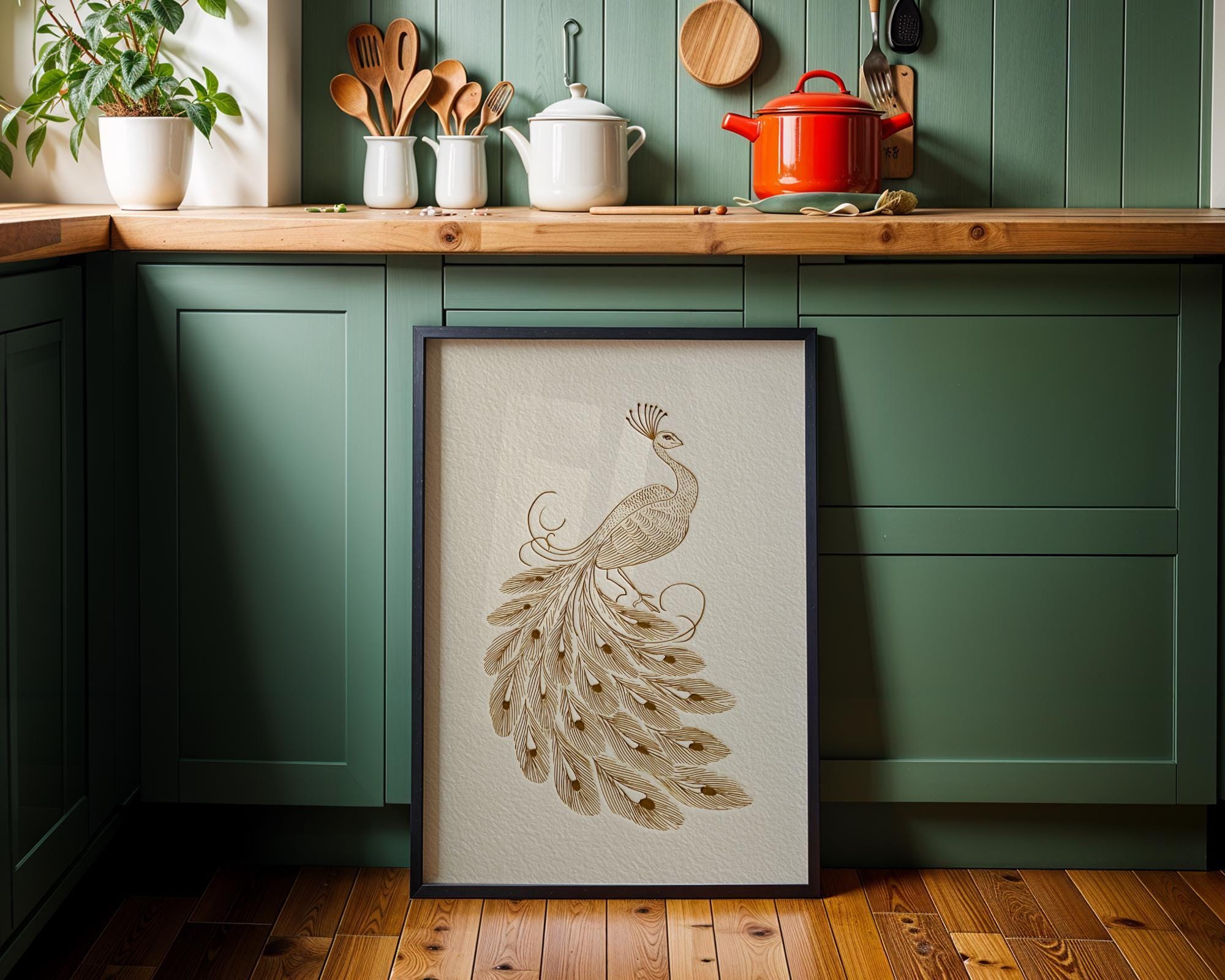 Minimalist Peacock Line Art Elegant Gold Bird Wall Art by The Wall Art Studio - physical