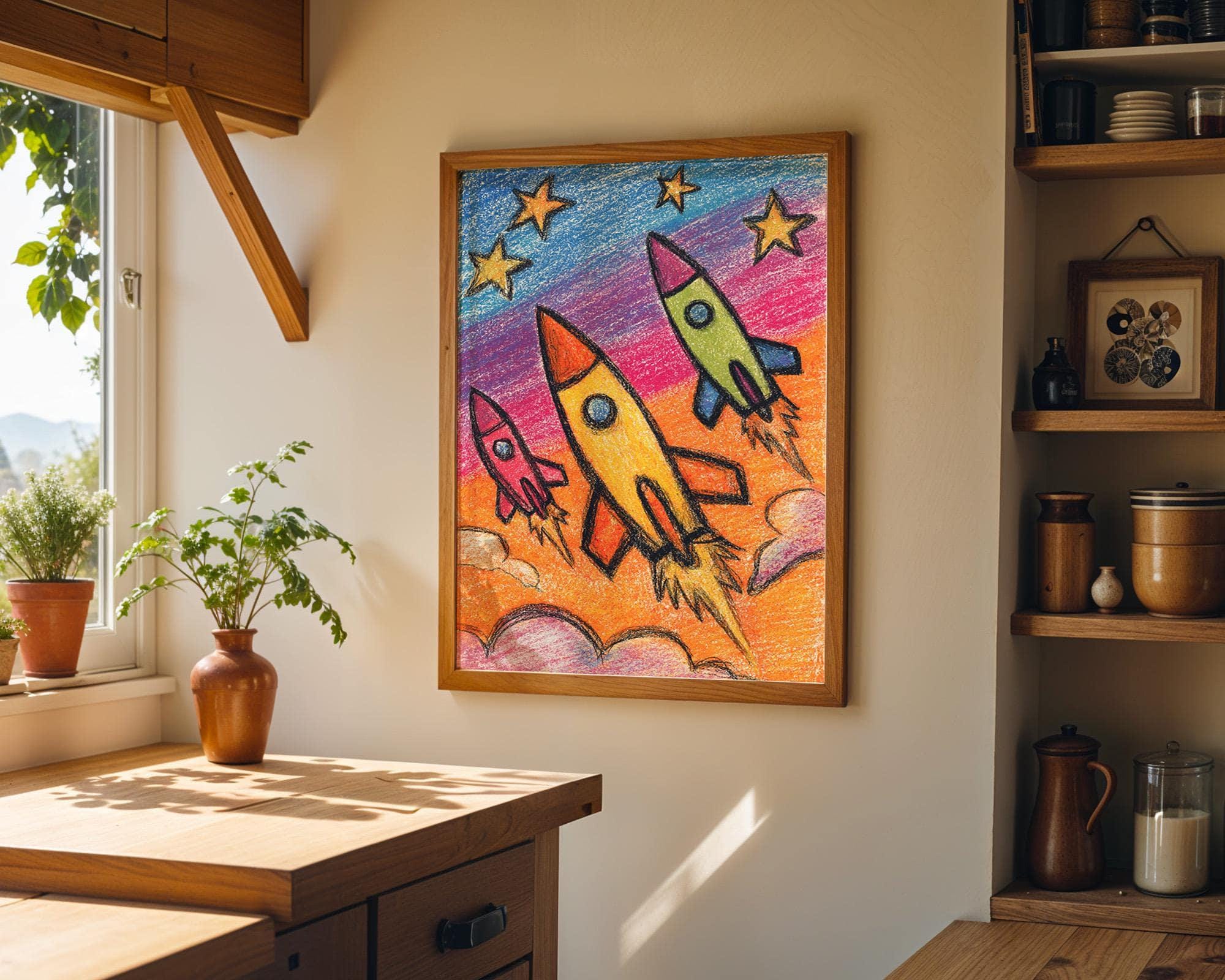 Kids Rocket Space Crayon Colorful Nursery Playroom Wall Art by The Wall Art Studio