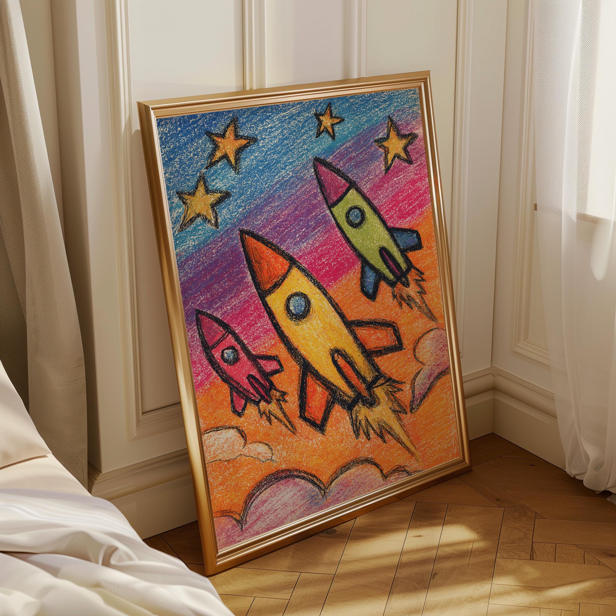 Kids Rocket Space Crayon Colorful Nursery Playroom Wall Art by The Wall Art Studio