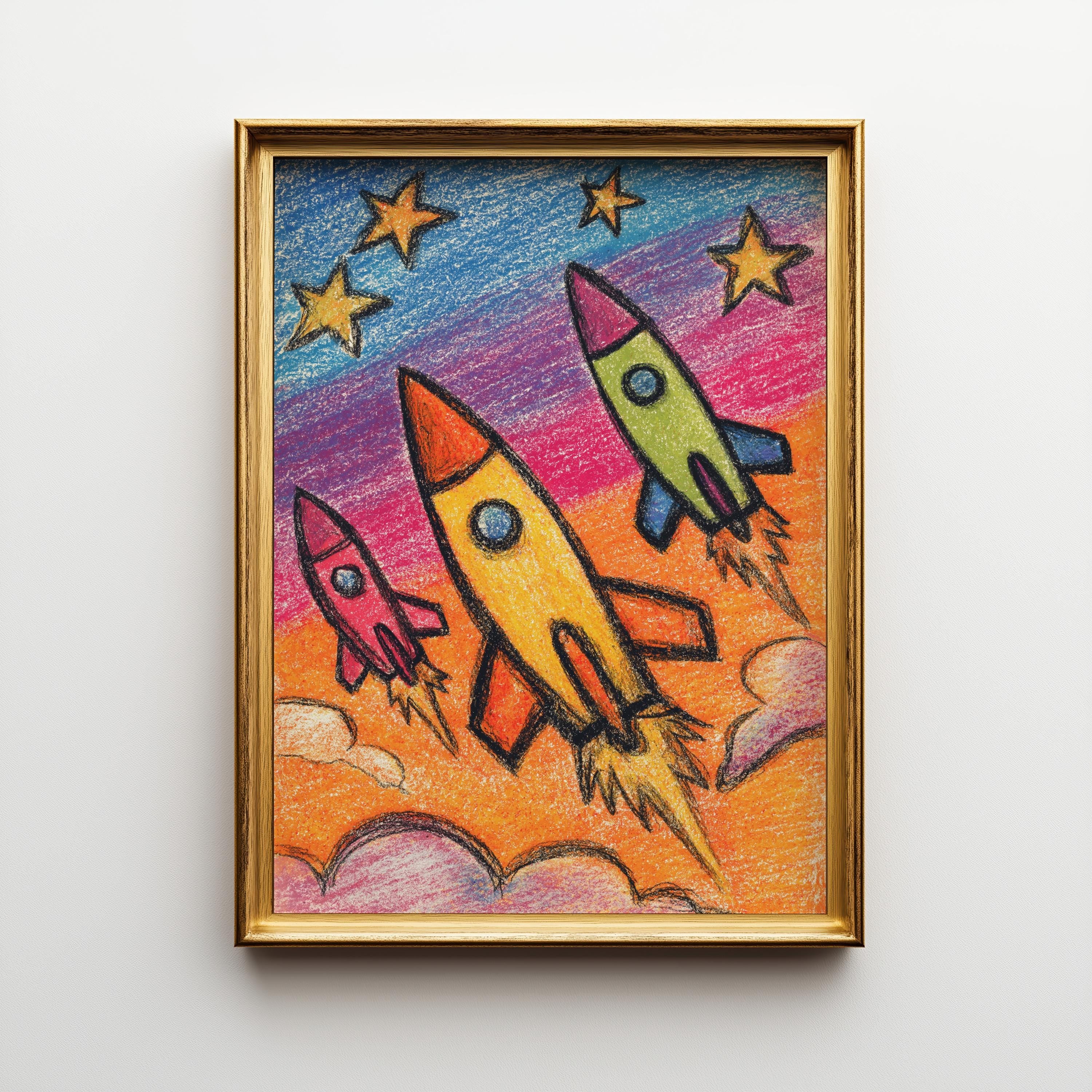 Kids Rocket Space Crayon Colorful Nursery Playroom Wall Art by The Wall Art Studio