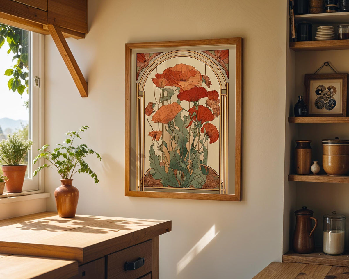 Art Nouveau Poppy Vintage Floral Orange Elegant Botanical Wall Art by The Wall Art Studio