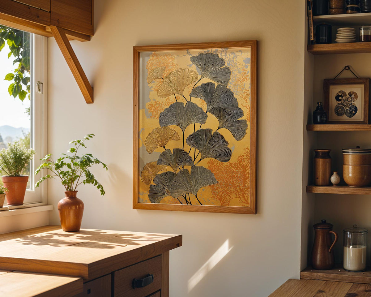 Black & Gold Ginkgo Minimalist Botanical Wall Art