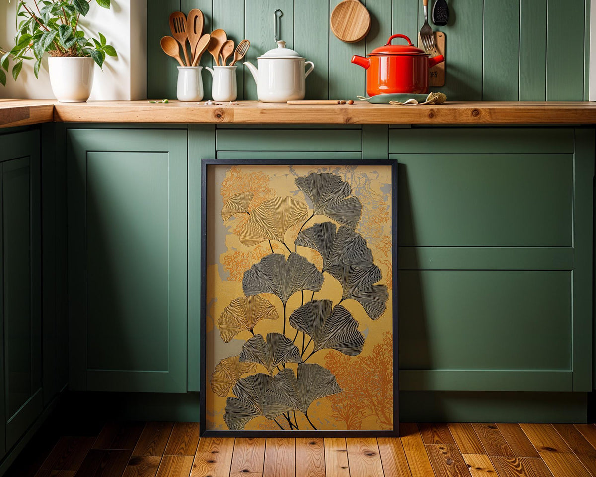 Black & Gold Ginkgo Minimalist Botanical Wall Art