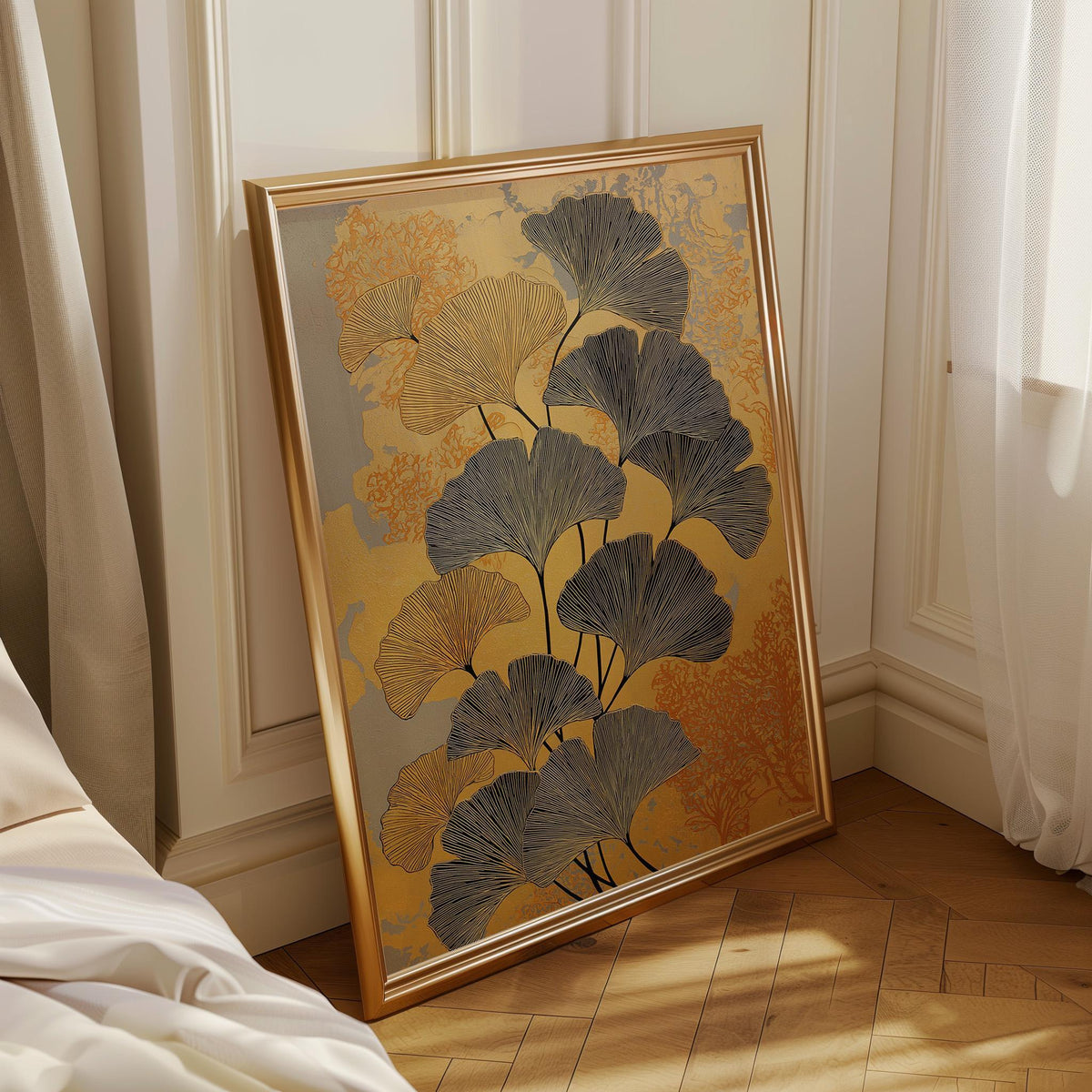 Black & Gold Ginkgo Minimalist Botanical Wall Art