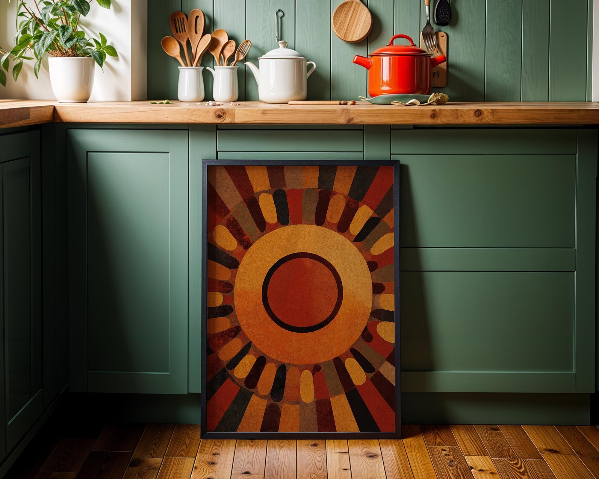 Mid Century Modern Sunburst Wall Art, Retro Geometric Sun Print, Burnt Orange Abstract Poster, Bauhaus Style Artwork, MCM Décor