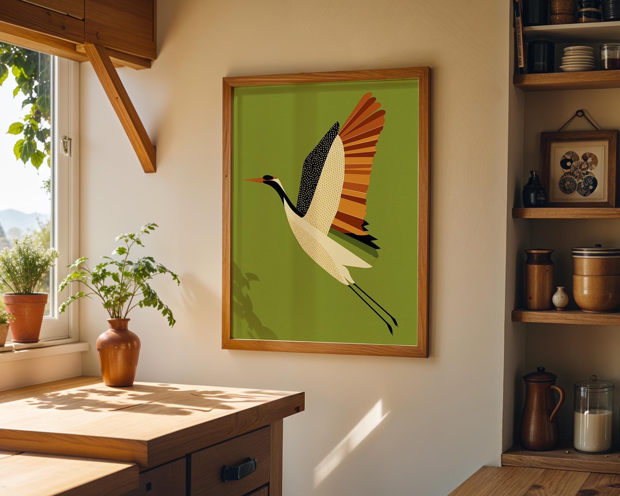 Mid Century Modern Scandinavian Crane Retro 1960s Wildlife Olive Green Wall Art by The Wall Art Studio - physical