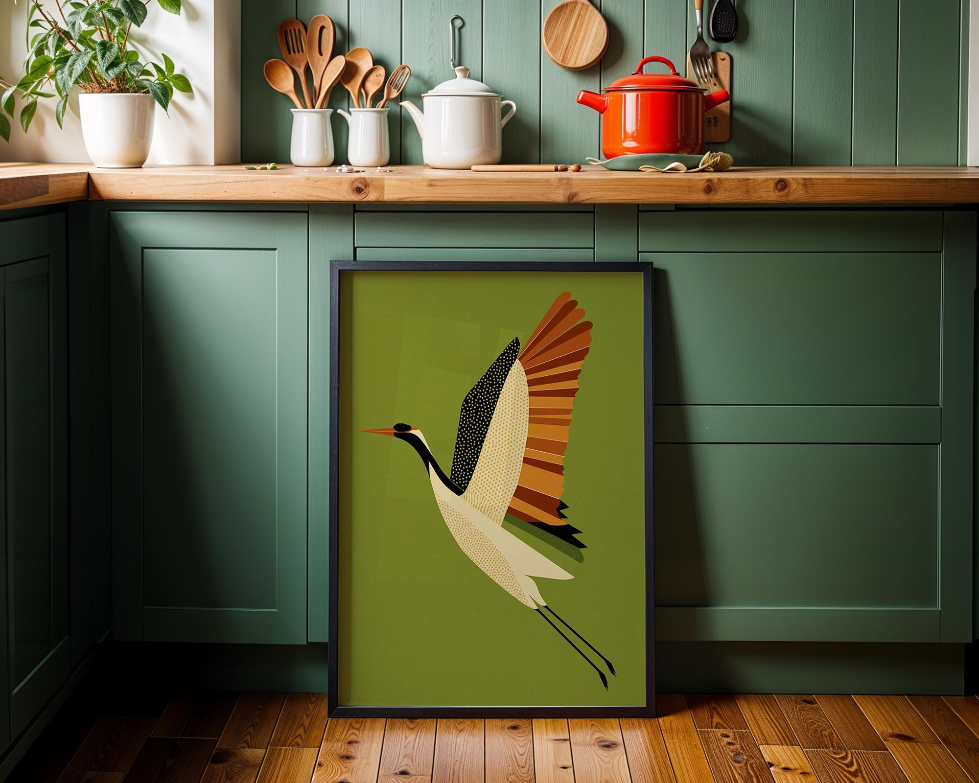 Mid Century Modern Scandinavian Crane Retro 1960s Wildlife Olive Green Wall Art by The Wall Art Studio - physical