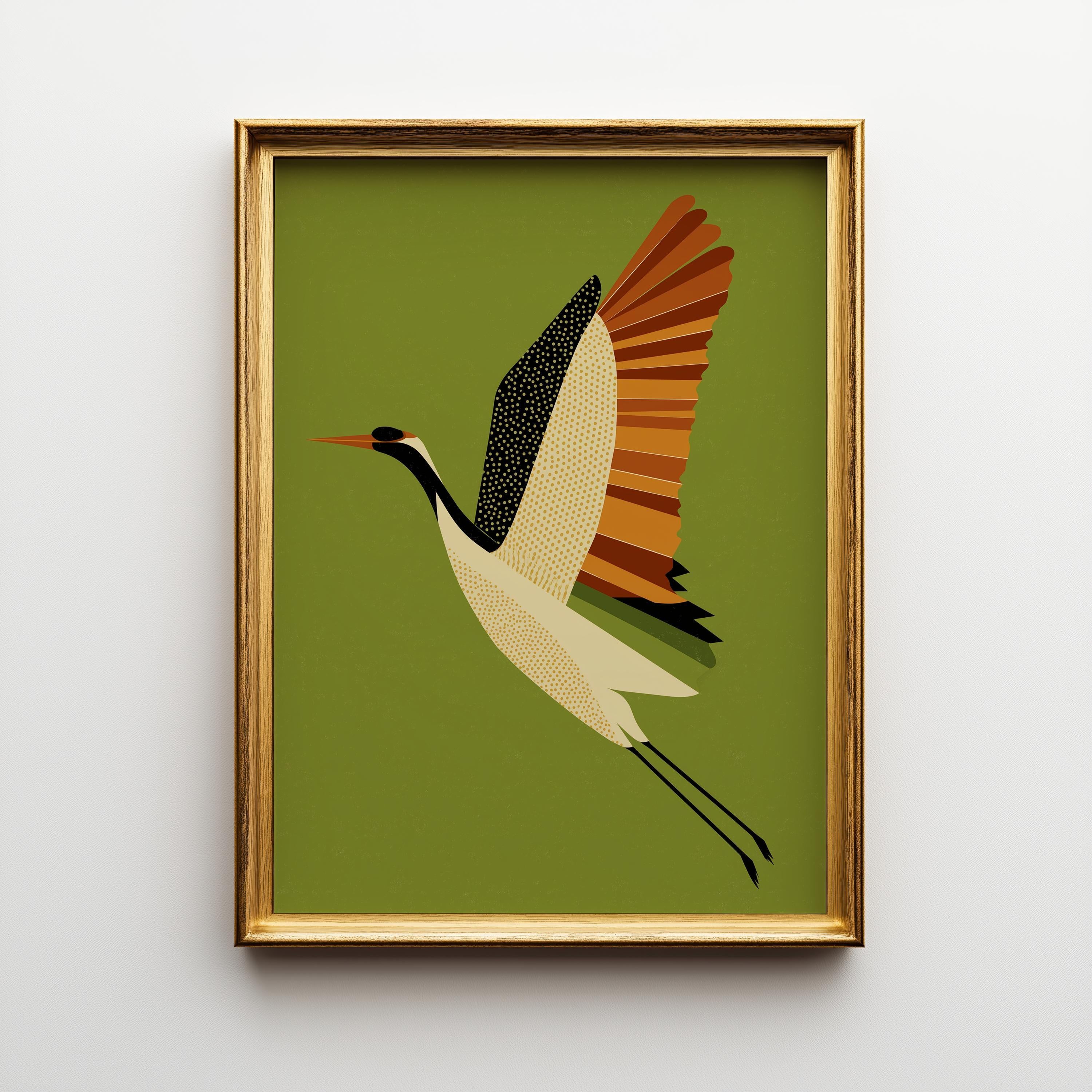 Mid Century Modern Scandinavian Crane Retro 1960s Wildlife Olive Green Wall Art by The Wall Art Studio - physical
