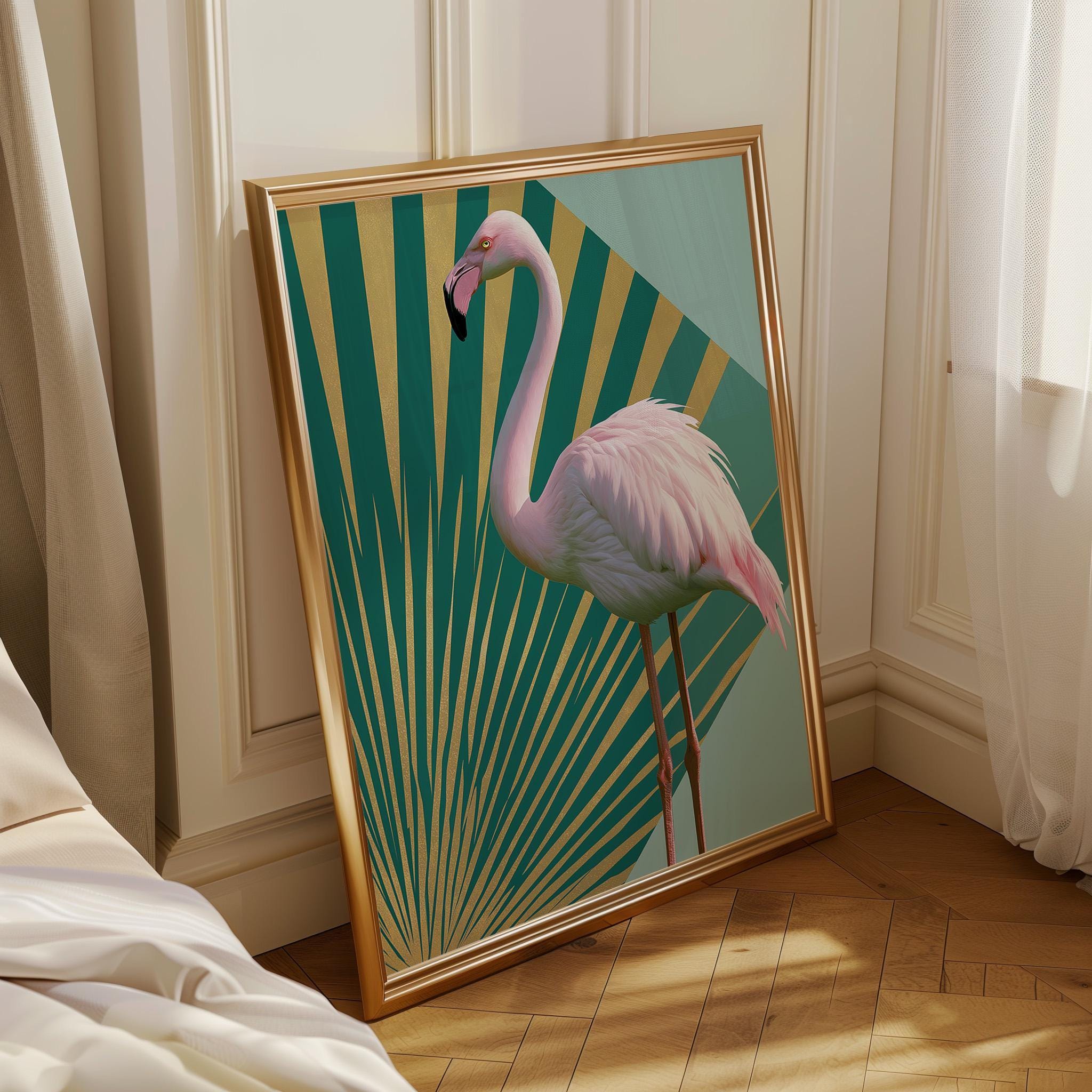 Emerald Gold Pink Tropical Art Deco Flamingo Wall Art by The Wall Art Studio