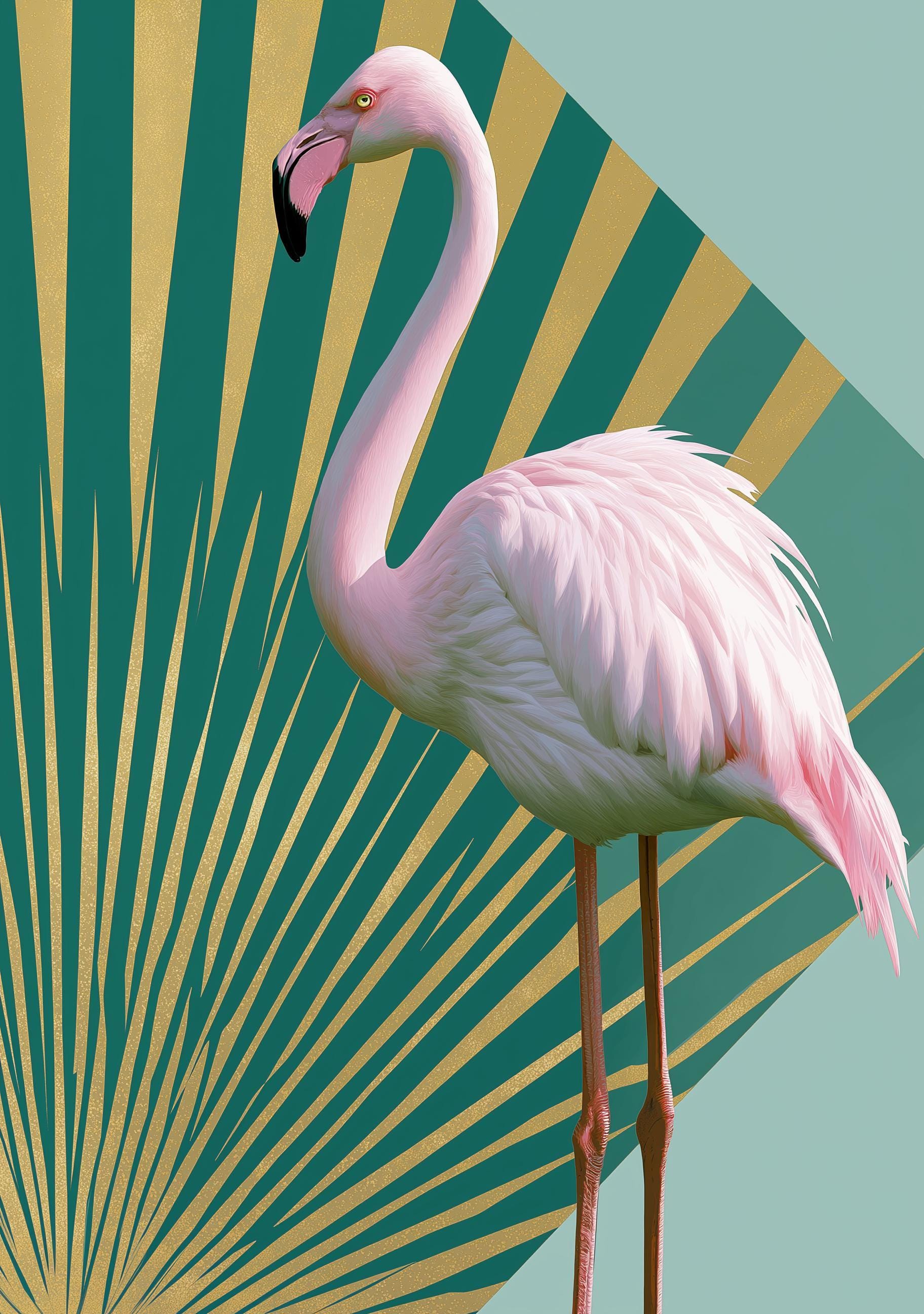 Emerald Gold Pink Tropical Art Deco Flamingo Wall Art by The Wall Art Studio
