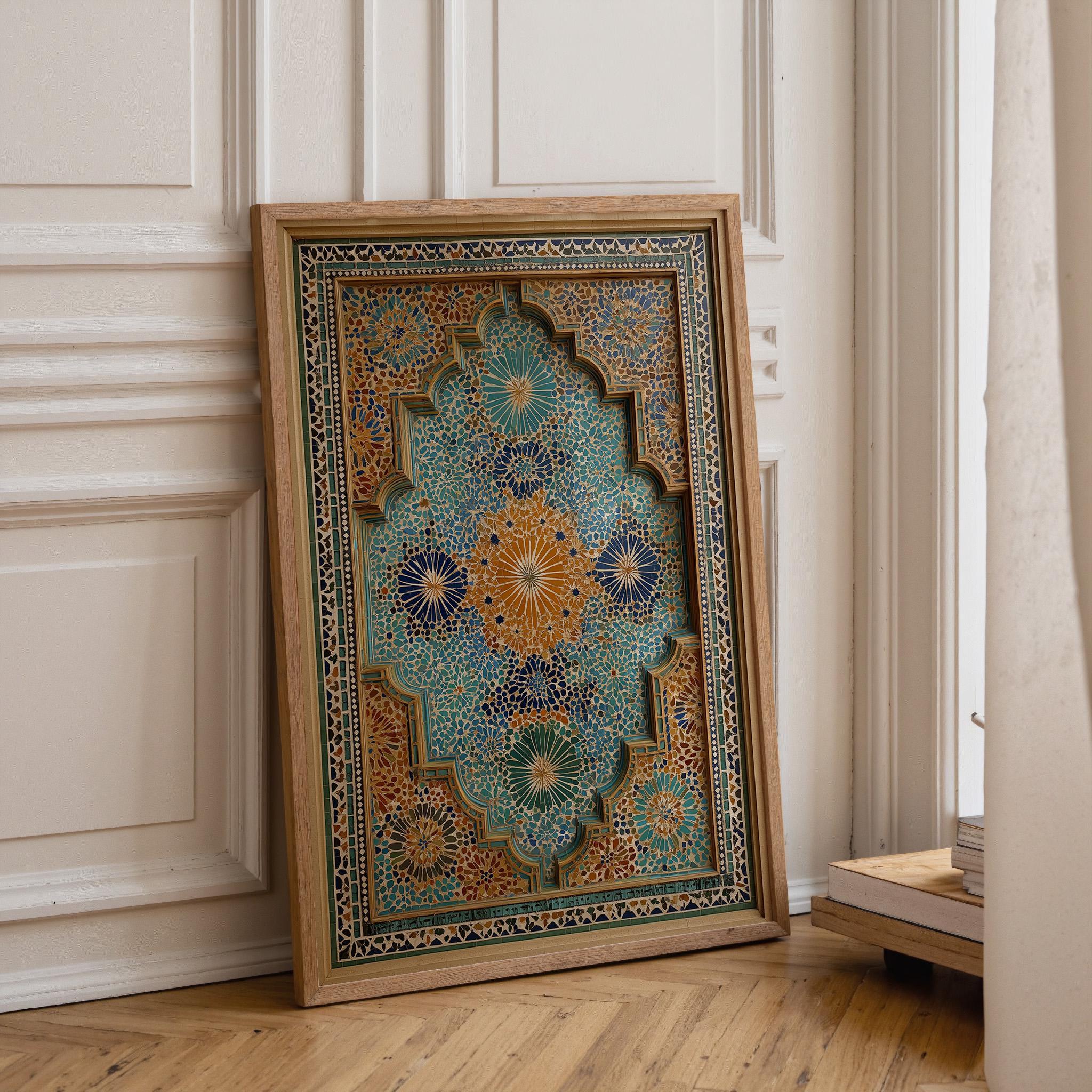 Moroccan Mosaic Arch Teal & Gold Islamic Geometric Wall Art by The Wall Art Studio