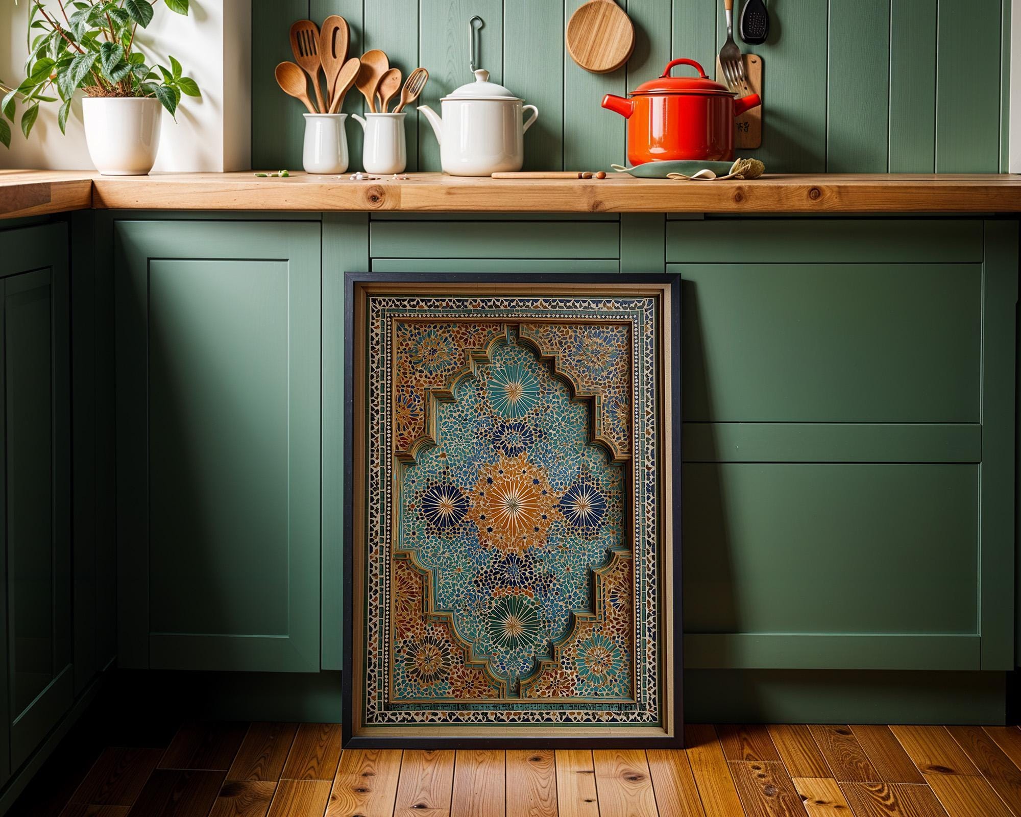 Moroccan Mosaic Arch Teal & Gold Islamic Geometric Wall Art by The Wall Art Studio