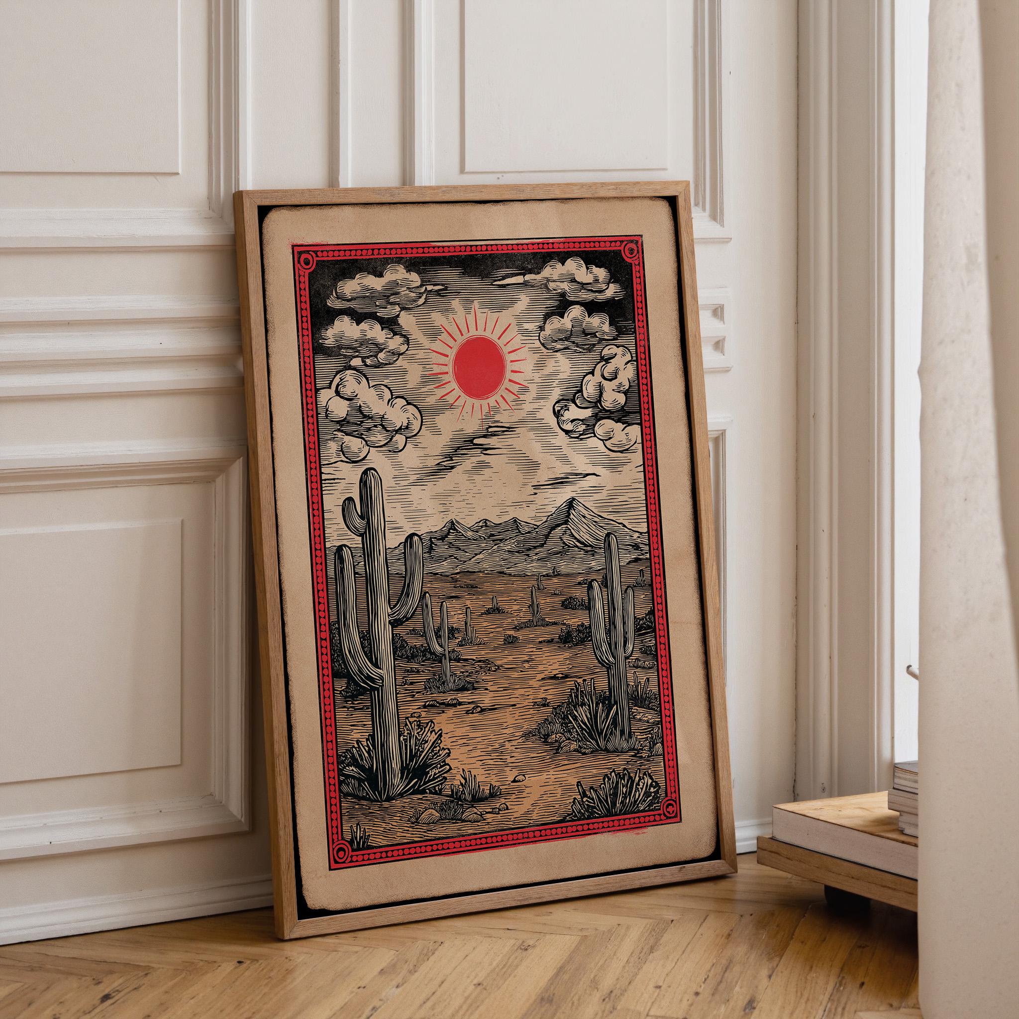 Western Desert Sunset Vintage Cactus Southwestern Mountain Wall Art