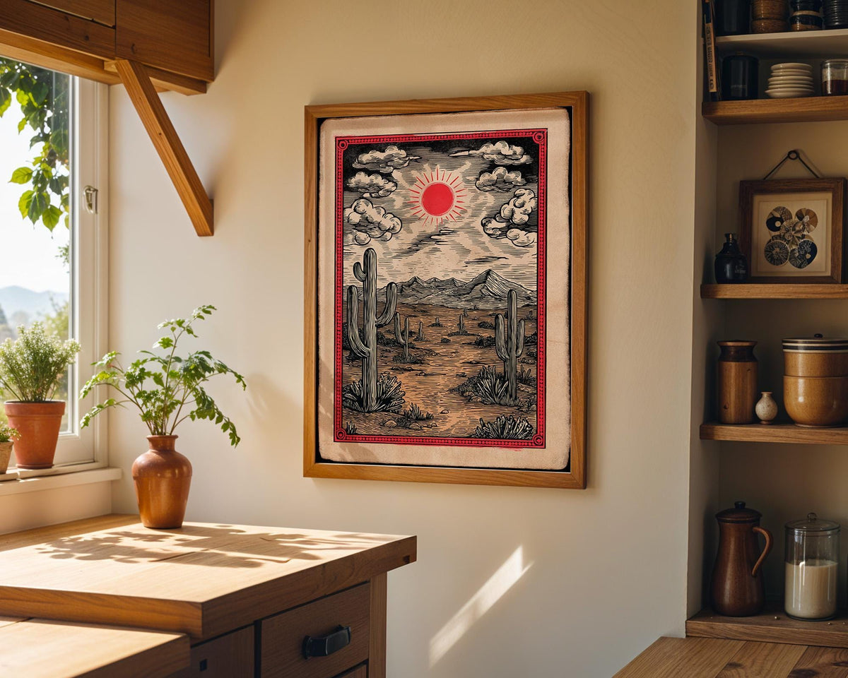 Western Desert Sunset Vintage Cactus Southwestern Mountain Wall Art