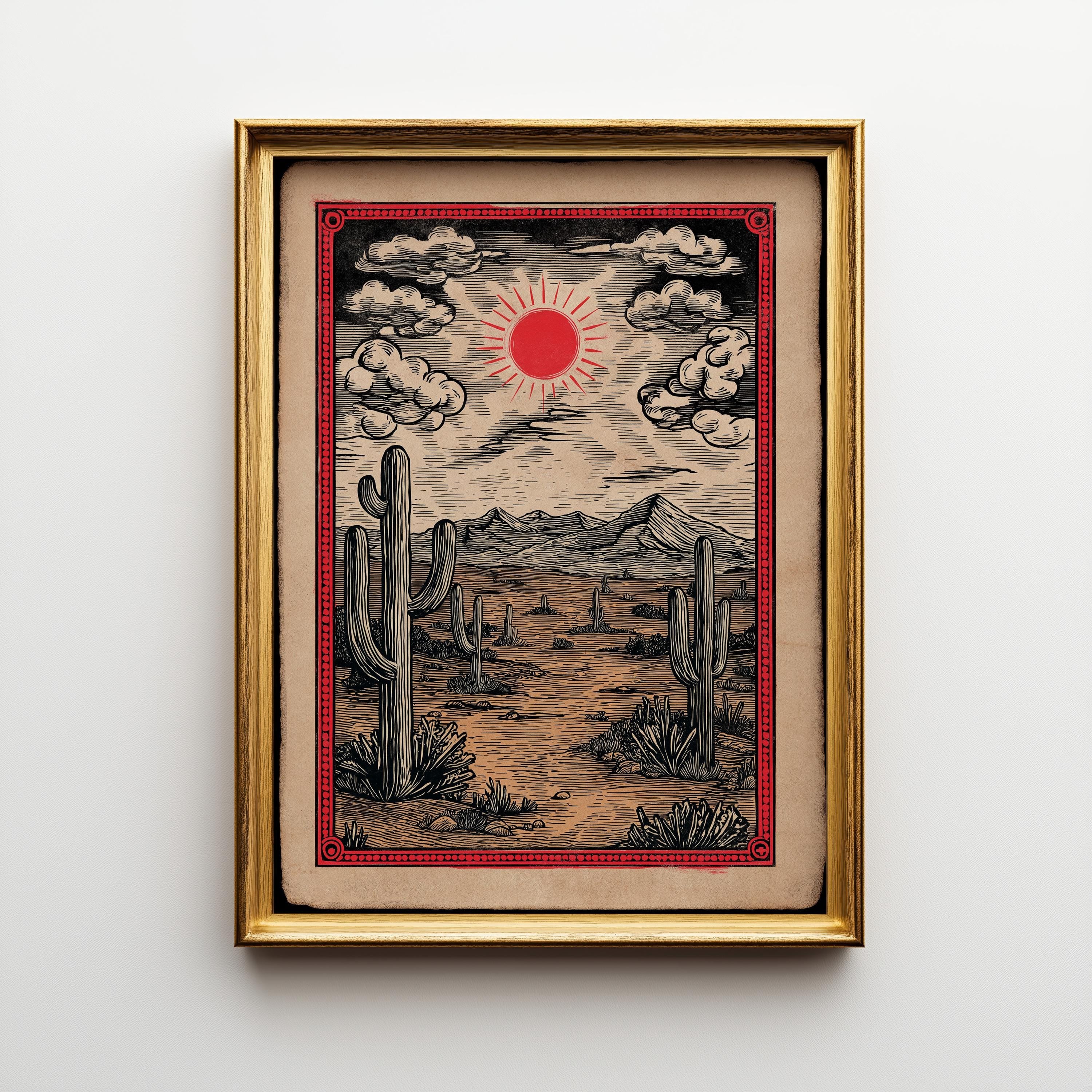 Western Desert Sunset Vintage Cactus Southwestern Mountain Wall Art