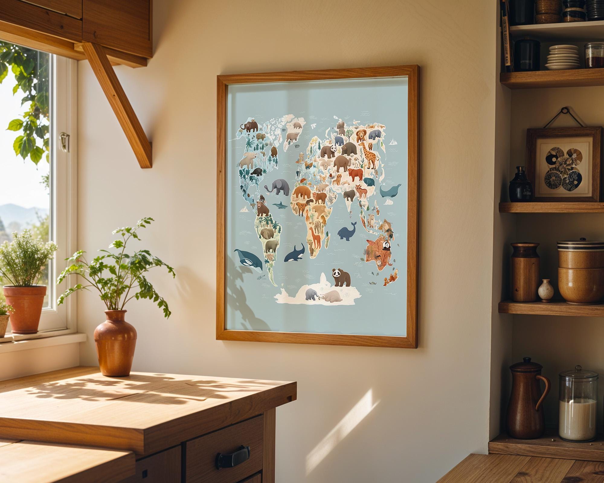 Animal World Map Safari Wildlife Playroom Nursery Wall Art by The Wall Art Studio