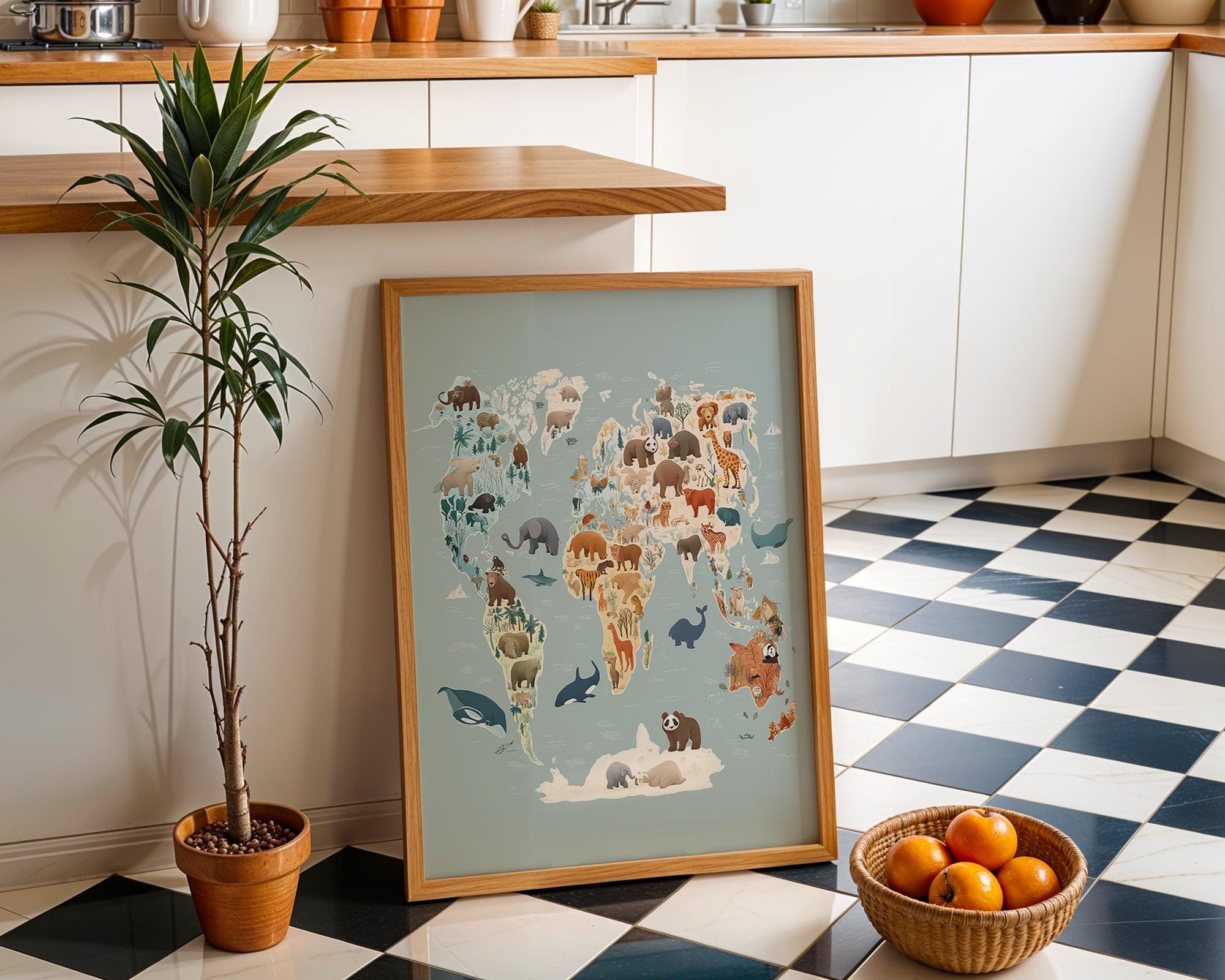 Animal World Map Safari Wildlife Playroom Nursery Wall Art by The Wall Art Studio