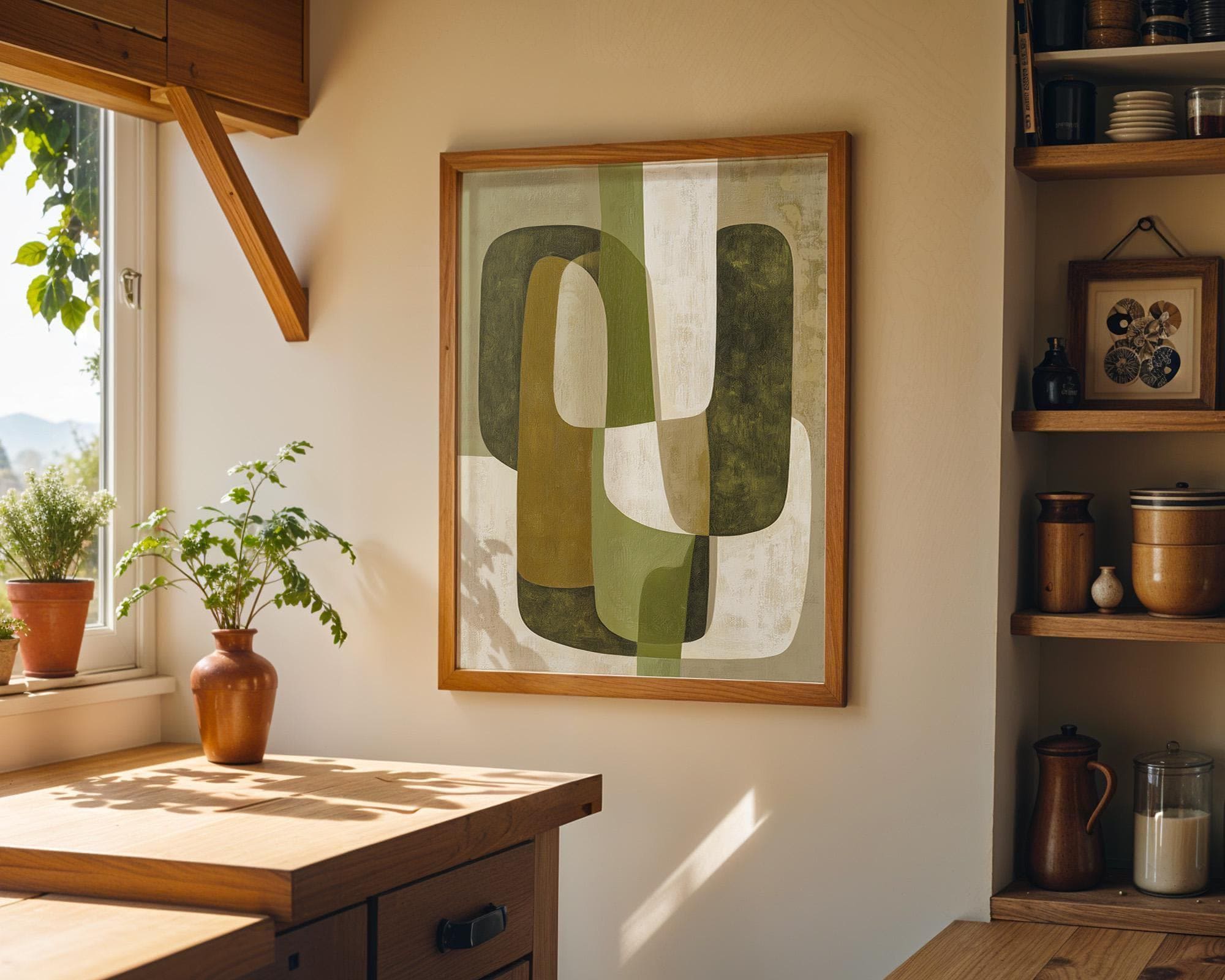 Olive Green Mid Century Modern Geometric Retro Abstract Scandinavian Wall Art by The Wall Art Studio - physical