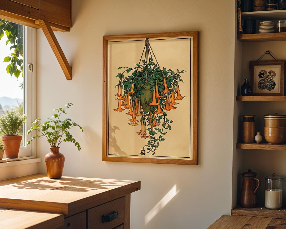 Vintage Angel Trumpet Hanging Plant Retro Botanical Wall Art