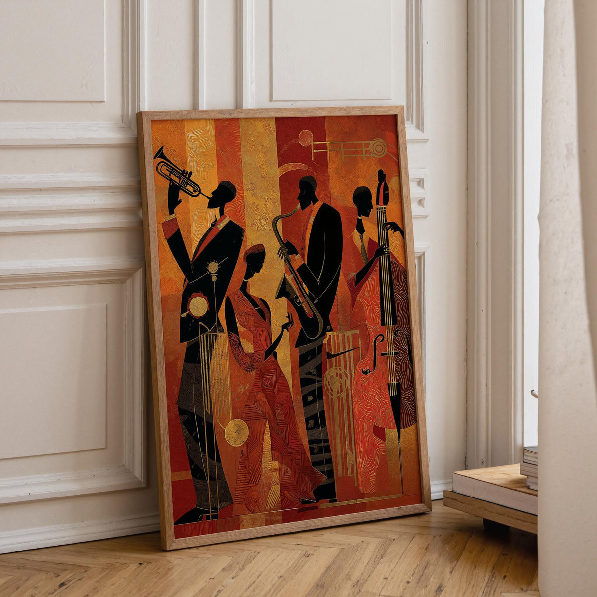 Art Deco Jazz Band Red & Gold Music Wall Art by The Wall Art Studio