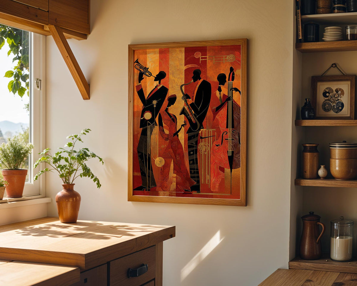 Art Deco Jazz Band Red & Gold Music Wall Art by The Wall Art Studio