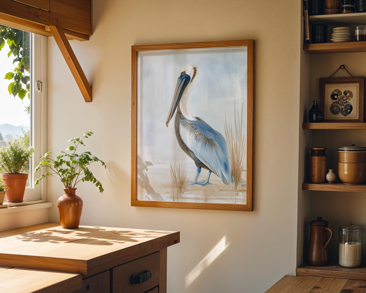 Neutral Pelican Coastal Bird Painting Soft Blue Seaside Wall Art