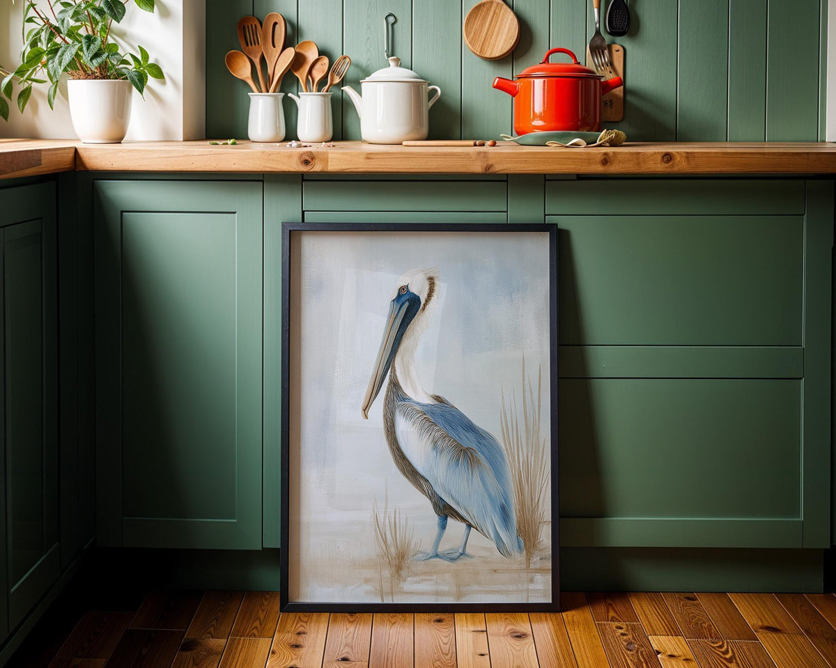 Neutral Pelican Coastal Bird Painting Soft Blue Seaside Wall Art