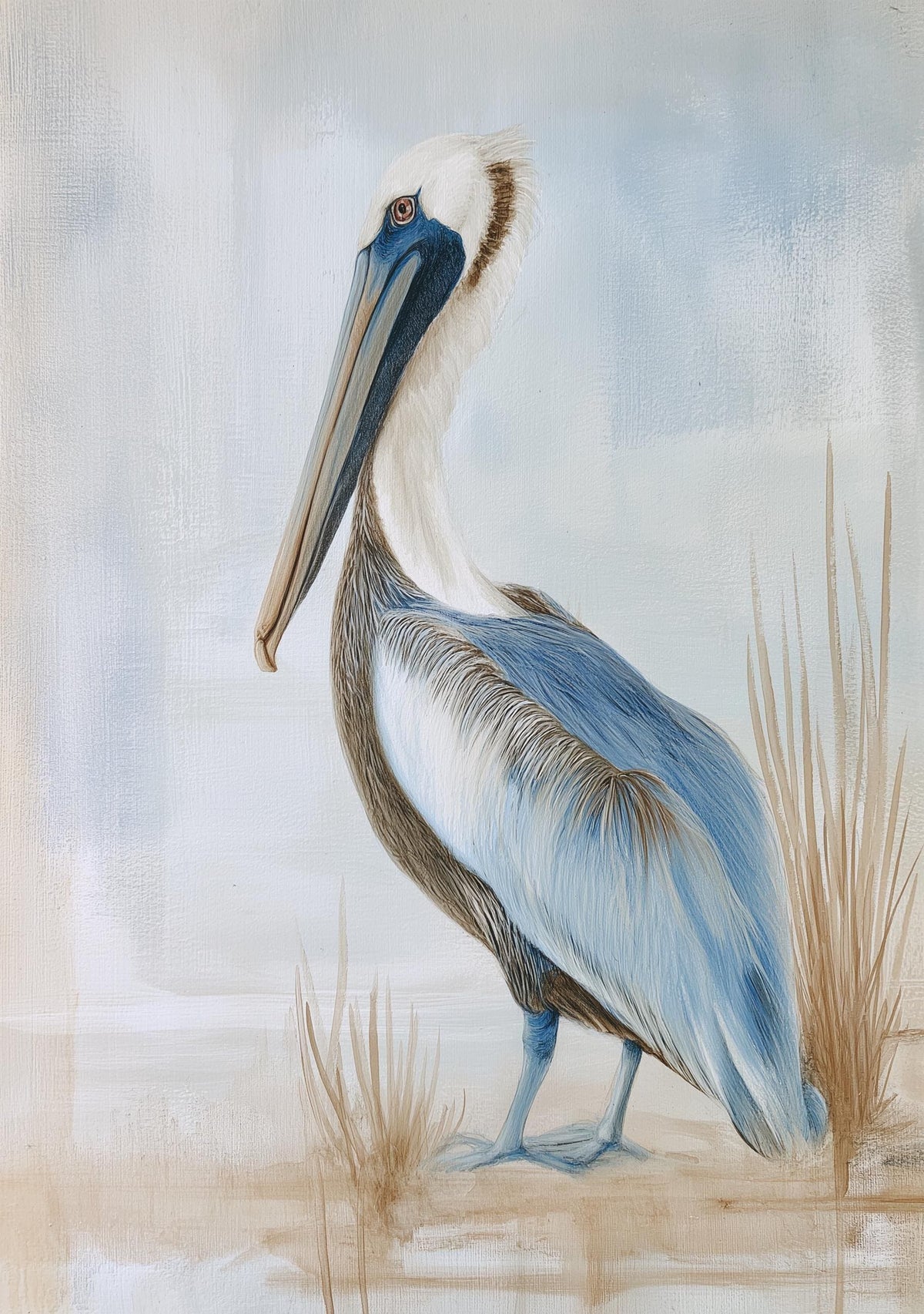 Neutral Pelican Coastal Bird Painting Soft Blue Seaside Wall Art