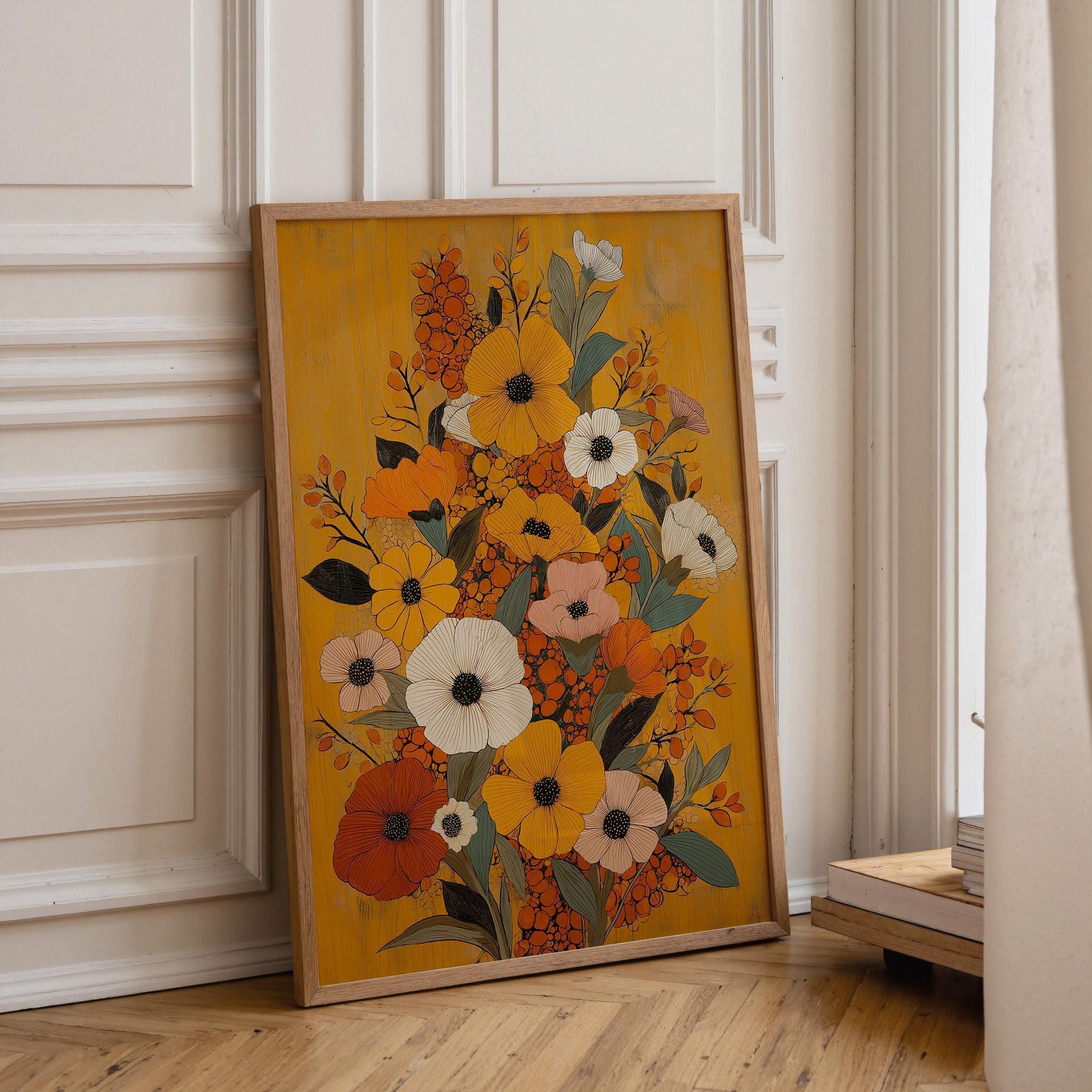 Mustard Yellow Floral Retro Botanical Autumn Wildflower Mid Century Modern Wall Art