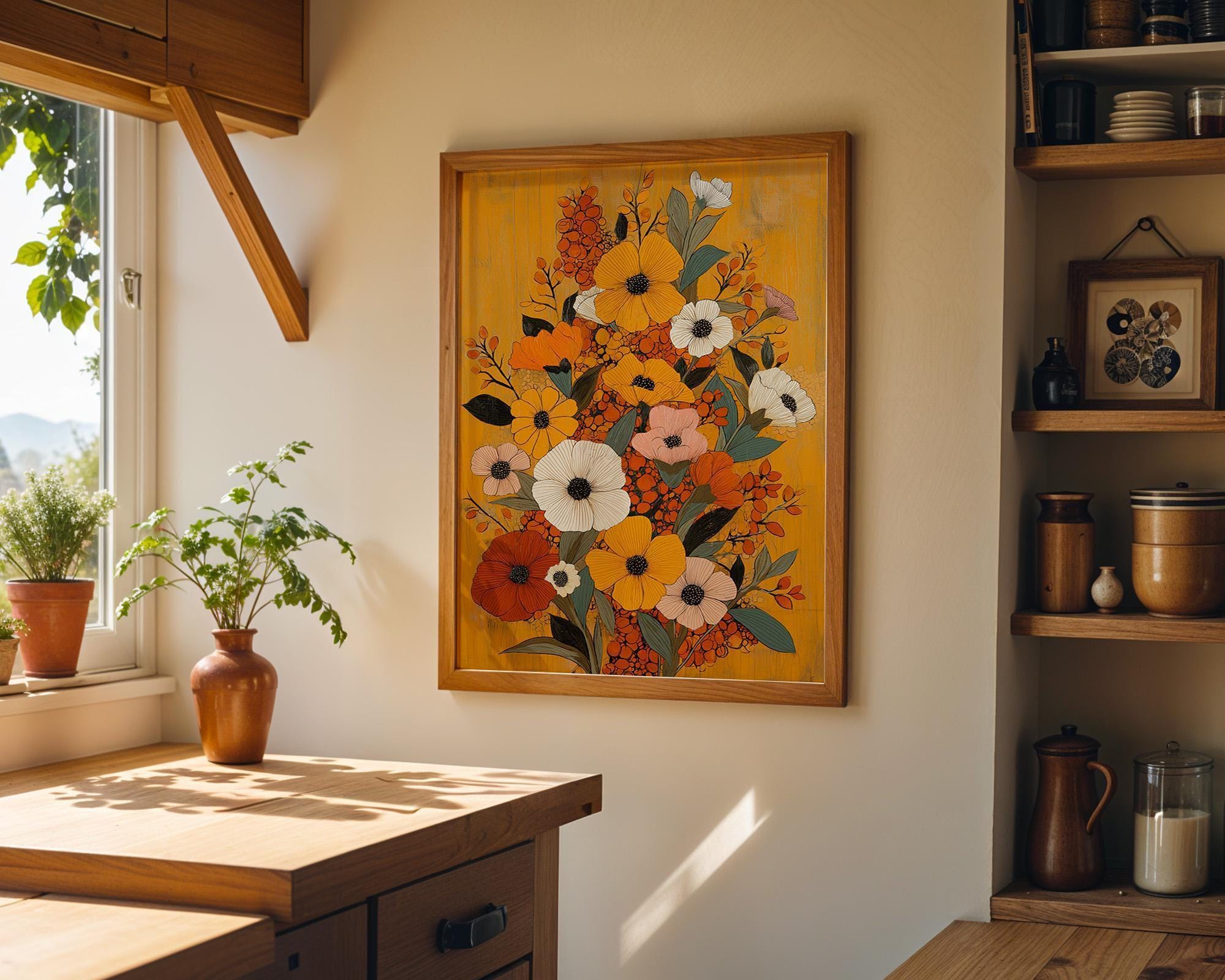 Mustard Yellow Floral Retro Botanical Autumn Wildflower Mid Century Modern Wall Art