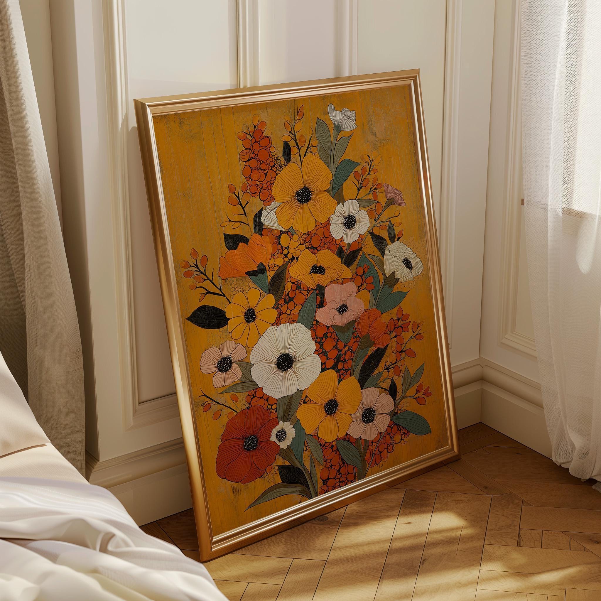 Mustard Yellow Floral Retro Botanical Autumn Wildflower Mid Century Modern Wall Art