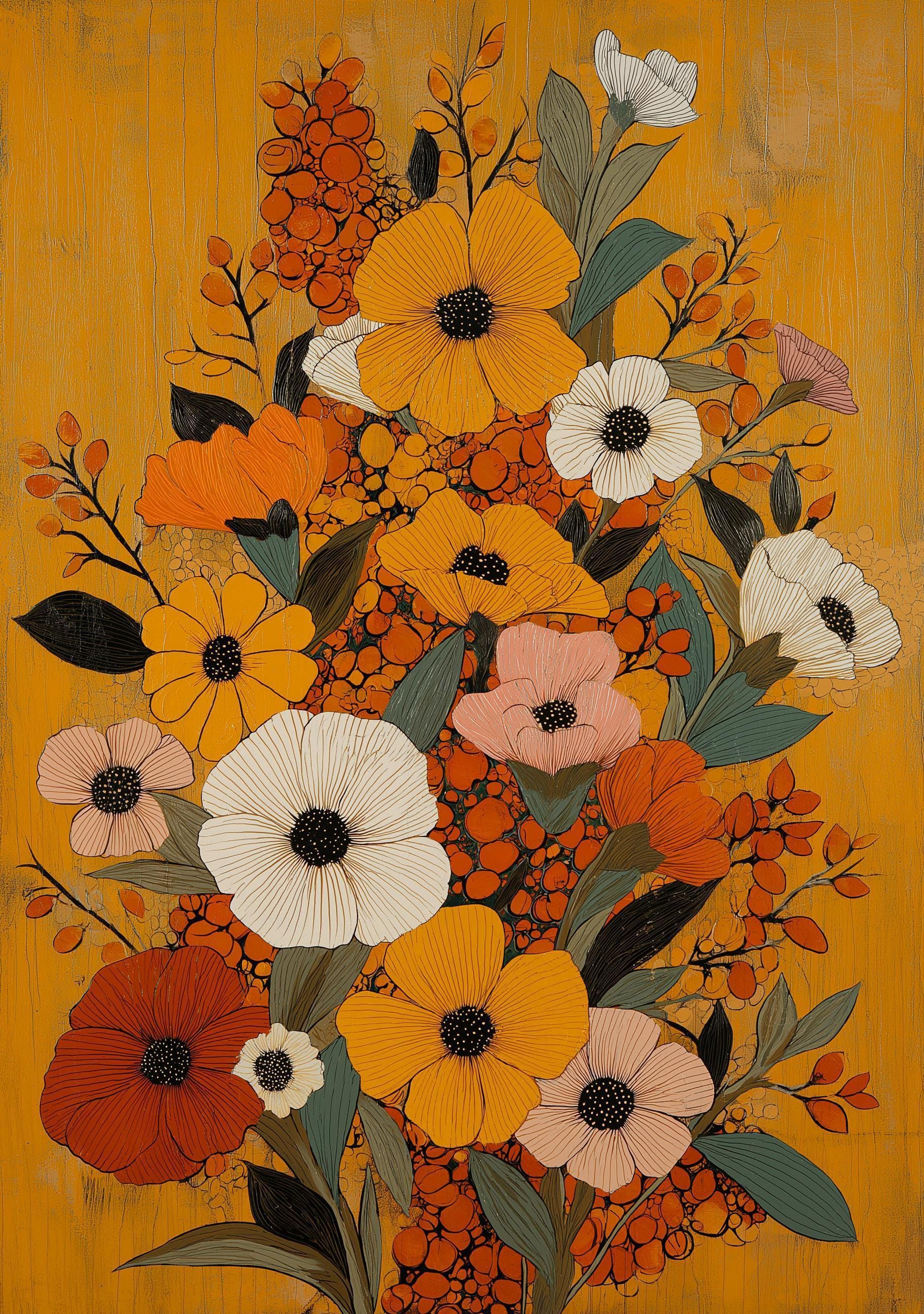 Mustard Yellow Floral Retro Botanical Autumn Wildflower Mid Century Modern Wall Art