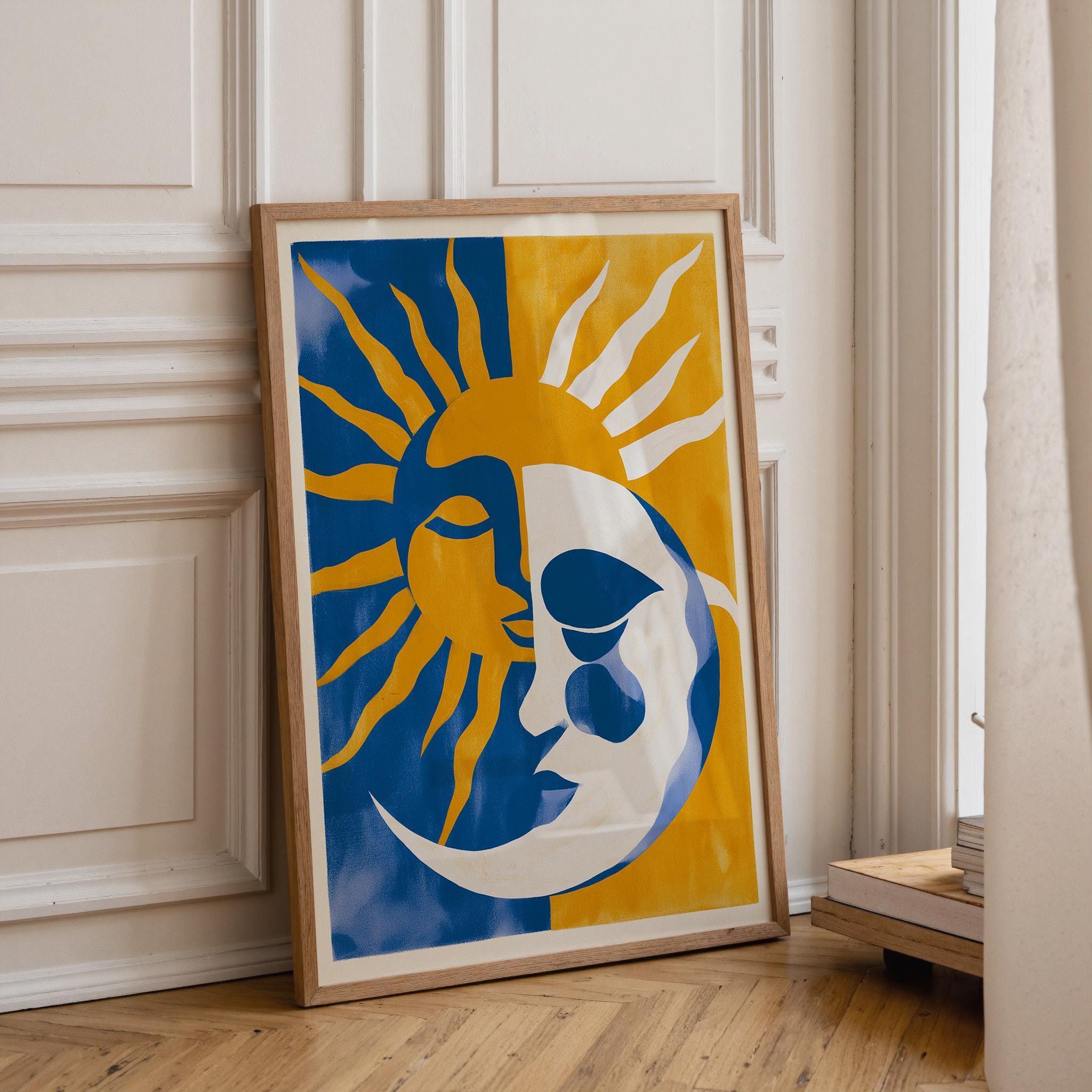 Sun Moon Celestial Blue & Yellow Boho Mediterranean Coastal Wall Art by The Wall Art Studio