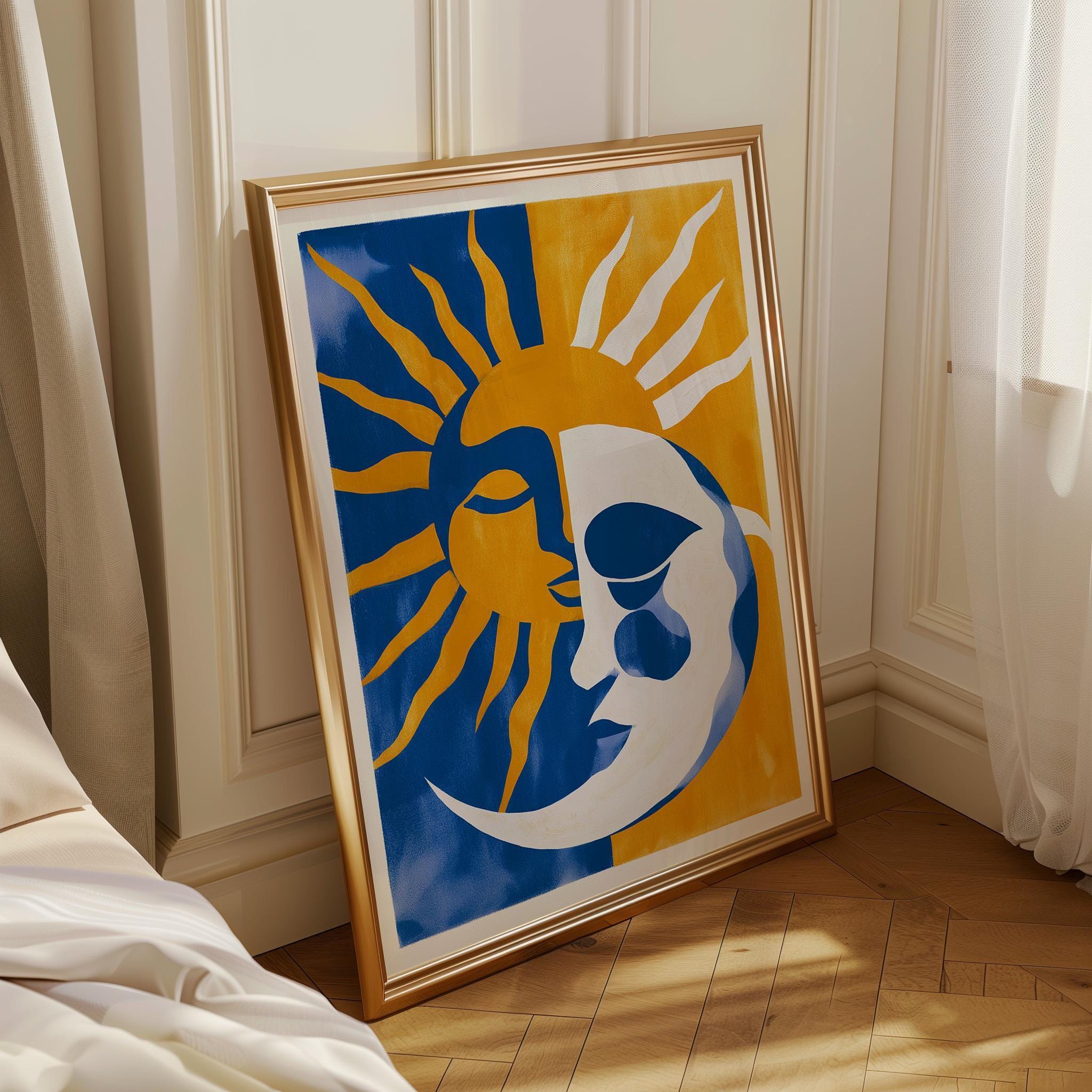 Sun Moon Celestial Blue & Yellow Boho Mediterranean Coastal Wall Art by The Wall Art Studio