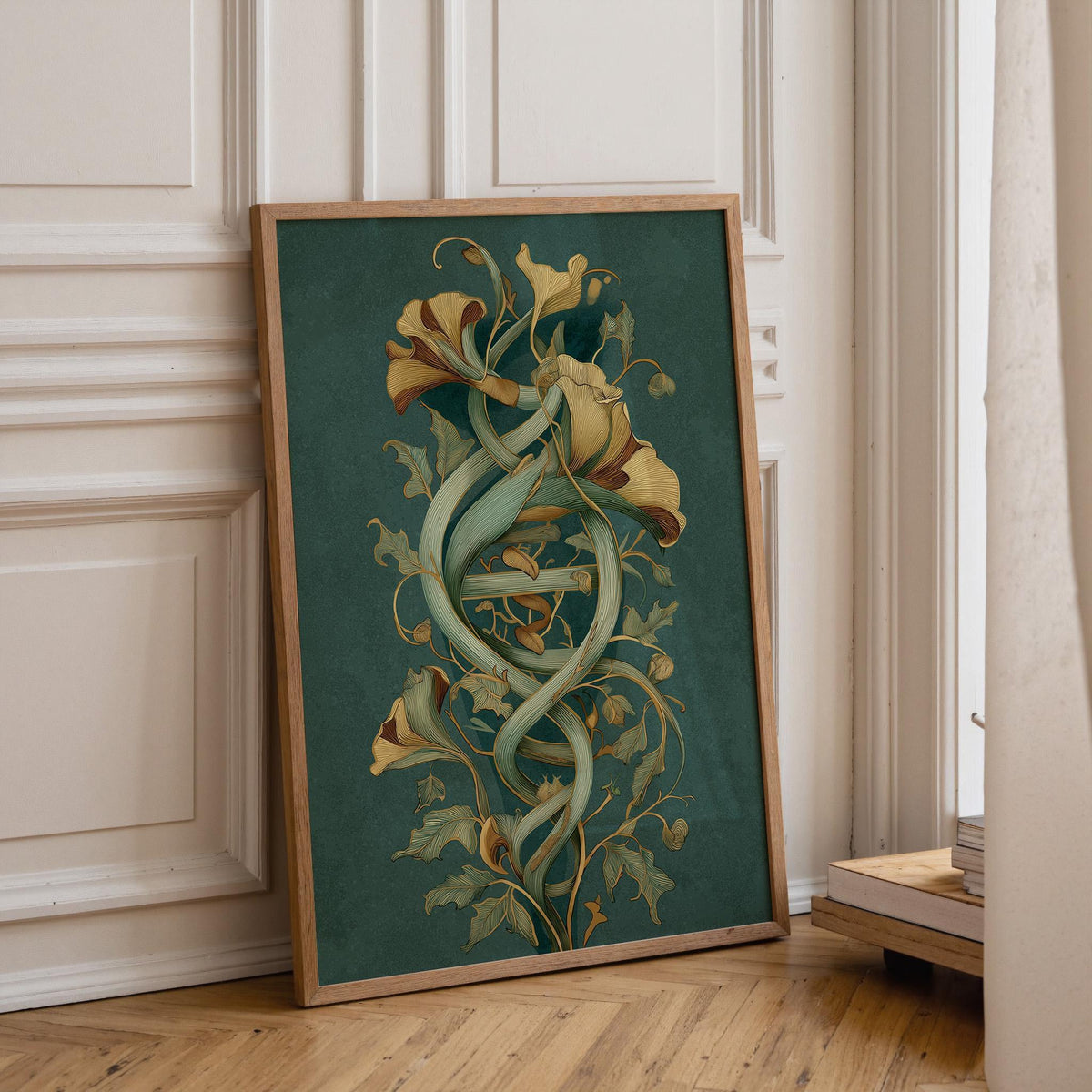Art Nouveau Botanical Emerald Green DNA Inspired Floral Wall Art by The Wall Art Studio