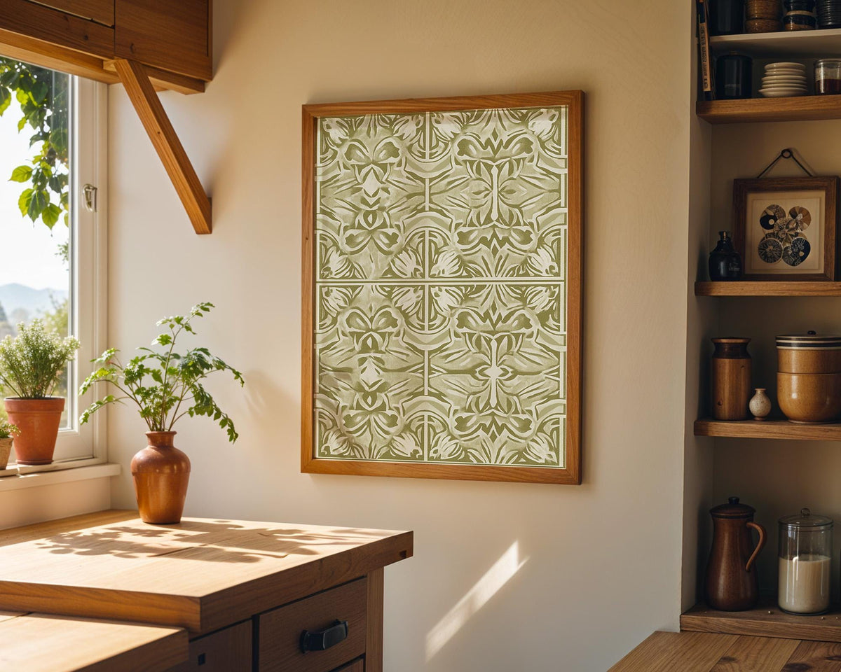 Green Moroccan Tile Vintage Botanical Pattern Wall Art by The Wall Art Studio