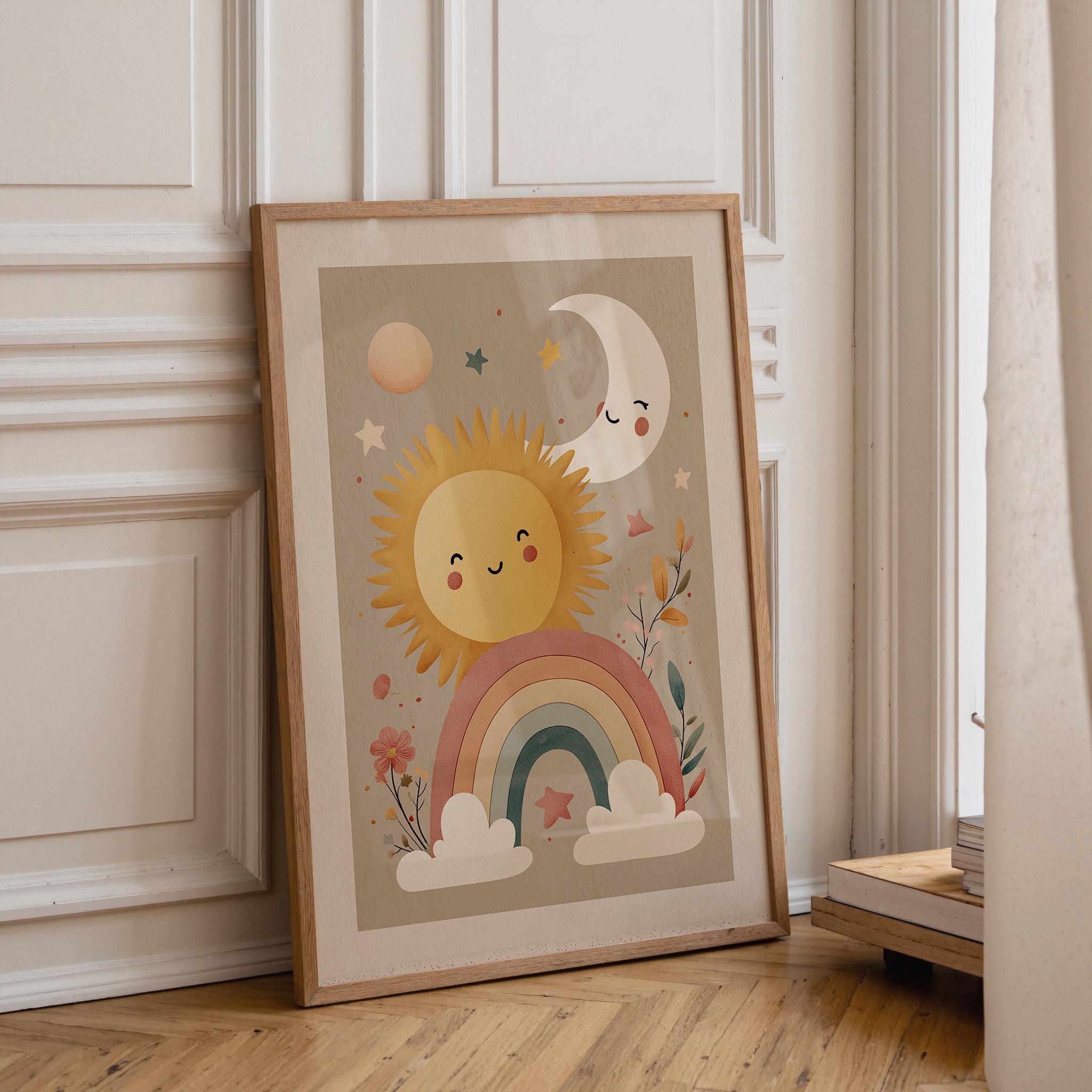 Boho Sun Moon Nursery Pastel Celestial Wall Art by The Wall Art Studio