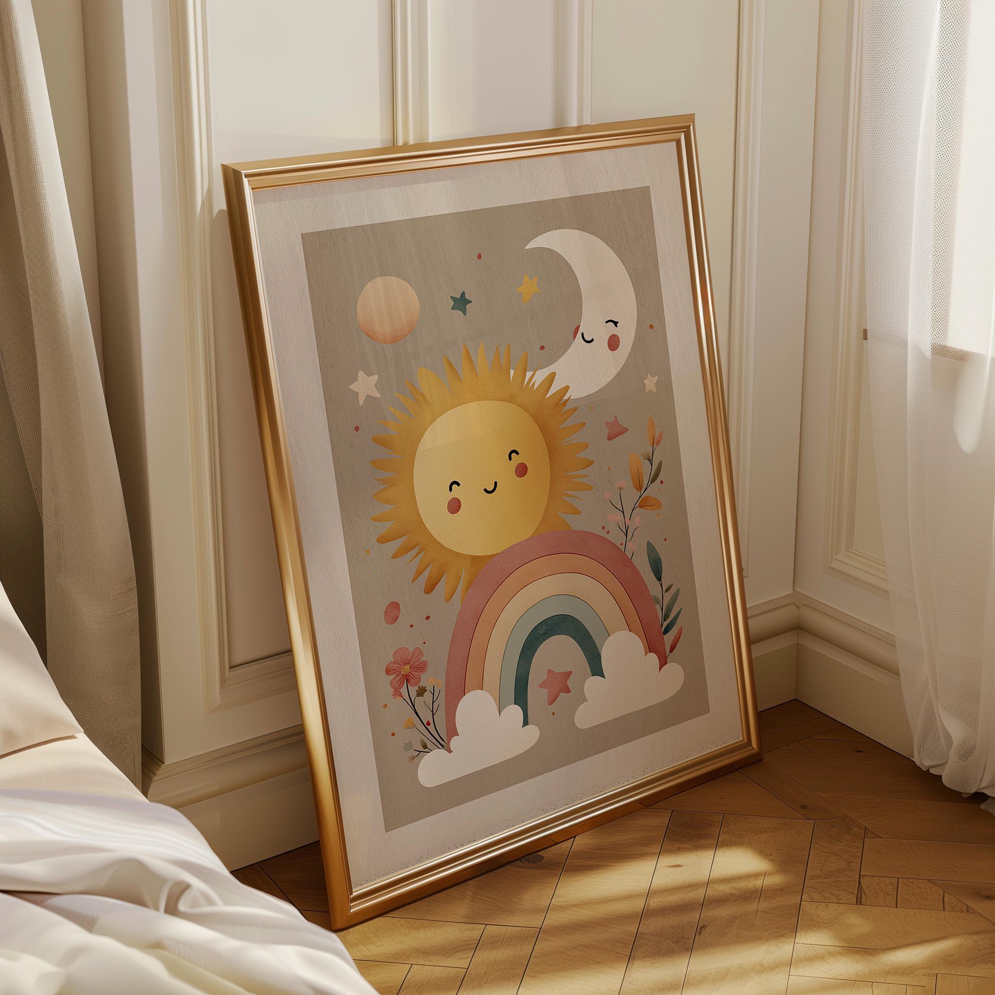 Boho Sun Moon Nursery Pastel Celestial Wall Art by The Wall Art Studio