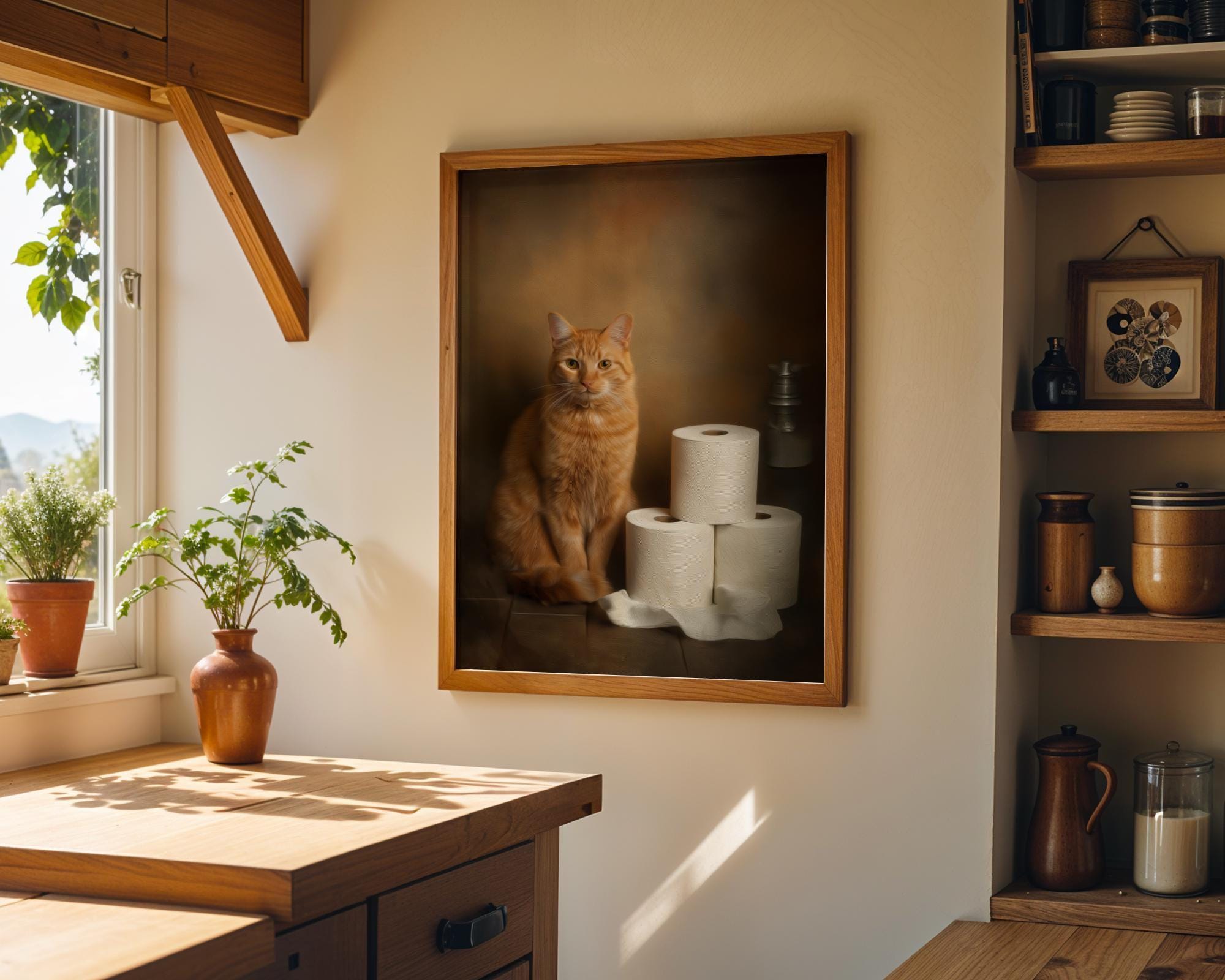 Funny Bathroom Ginger Cat on Toilet Wall Art by The Wall Art Studio