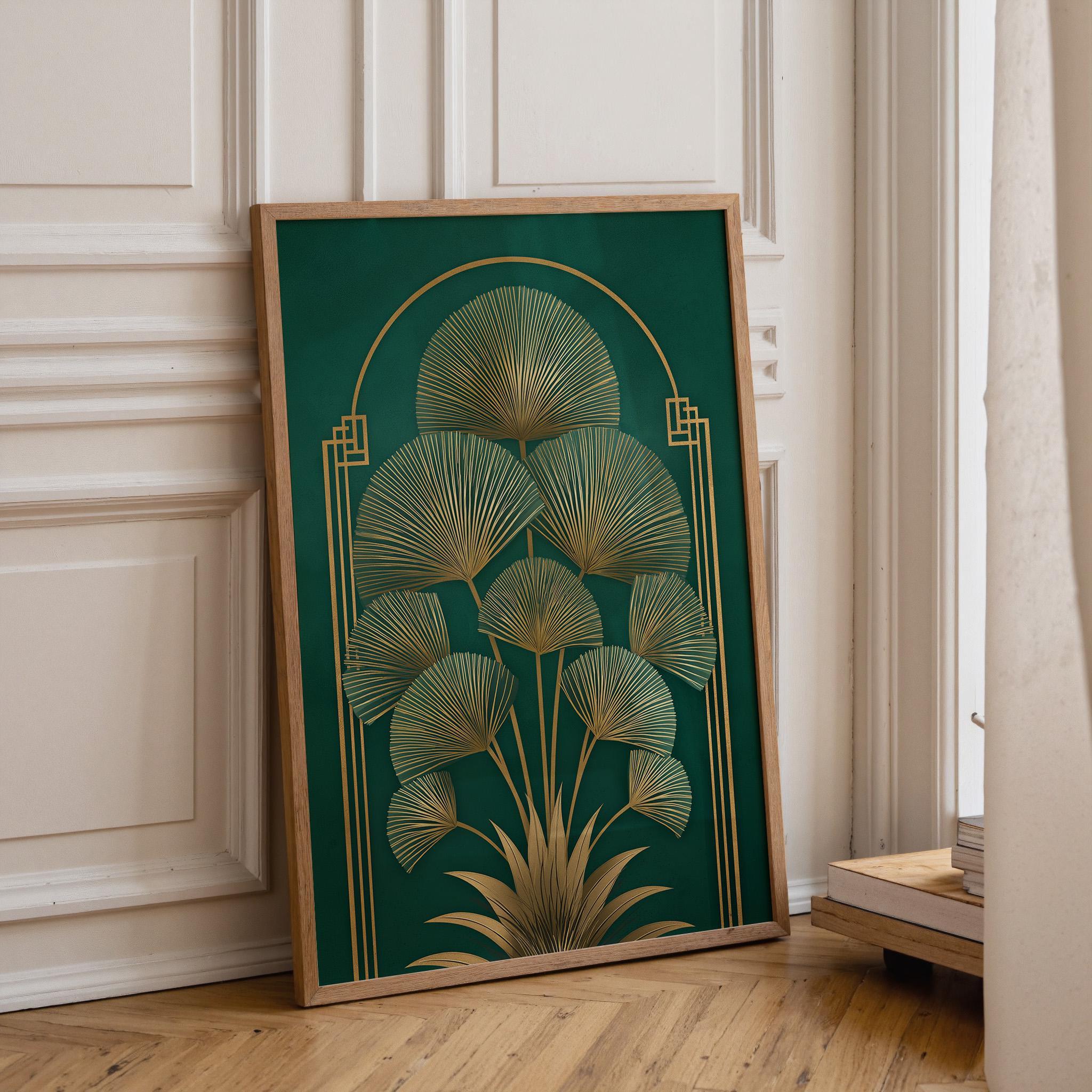 Art Deco Botanical Green & Gold Elegant Leaf Wall Art by The Wall Art Studio