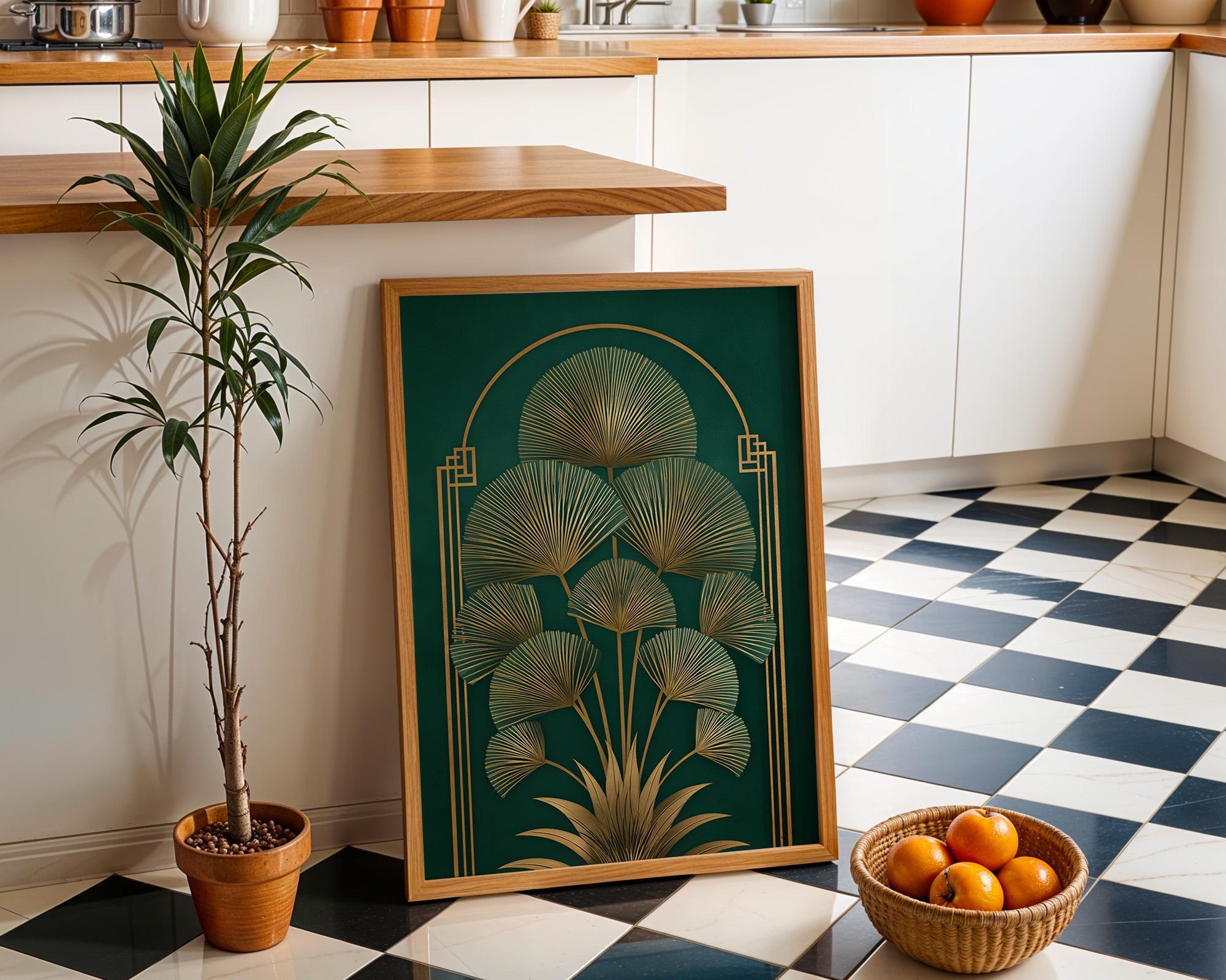 Art Deco Botanical Green & Gold Elegant Leaf Wall Art by The Wall Art Studio