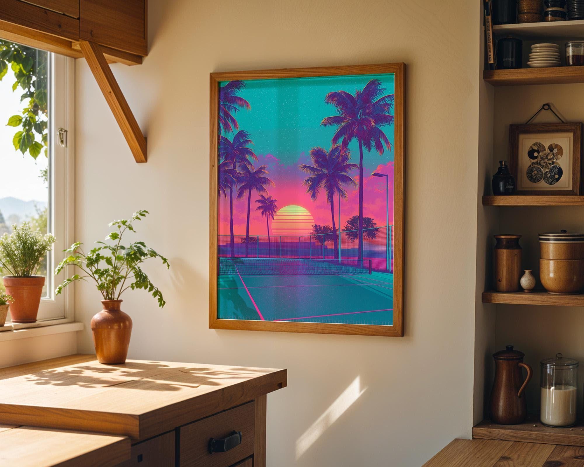 Retro Tennis Court Wall Art Synthwave Tennis Wall Art by The Wall Art Studio