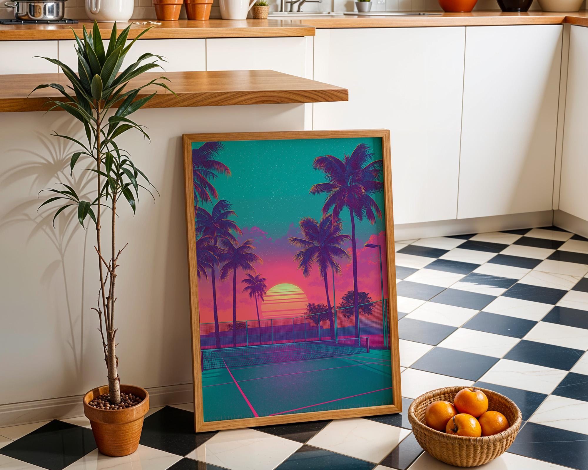 Retro Tennis Court Wall Art Synthwave Tennis Wall Art by The Wall Art Studio